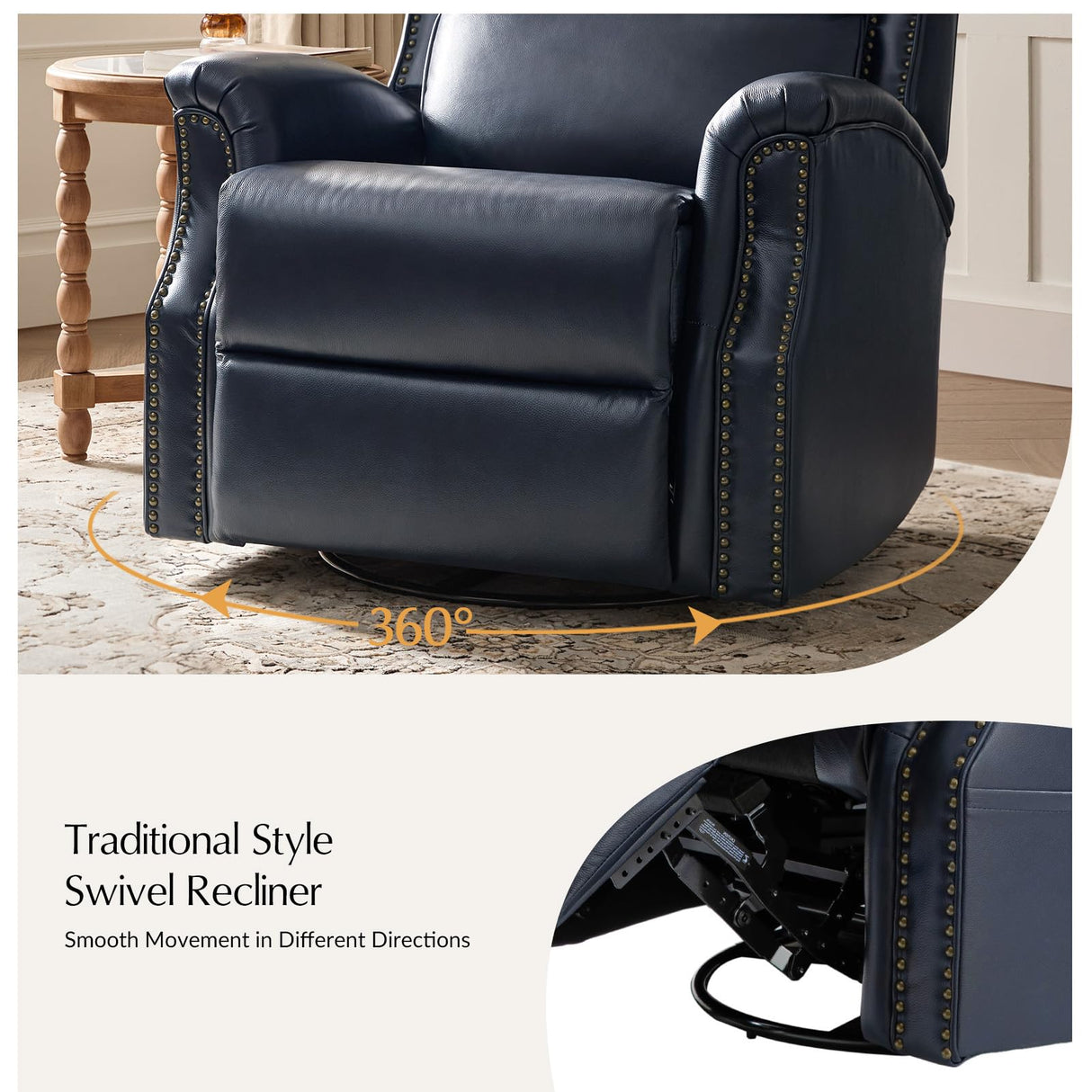 HULALA HOME Genuine Leather Recliner Chair, 360 Swivel Rocker Chair with Thick Seat, Classic Push Back Armchair with Backrest, Nailhead Trim, Navy HULALA HOME