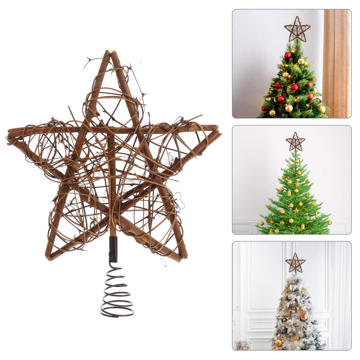 Toddmomy Rustic Christmas Tree Topper Star Rattan Natural Star Christmas Treetop Decoration Hollowed-Out Star Ornaments with Coil Base for Holiday Home Office Toddmomy