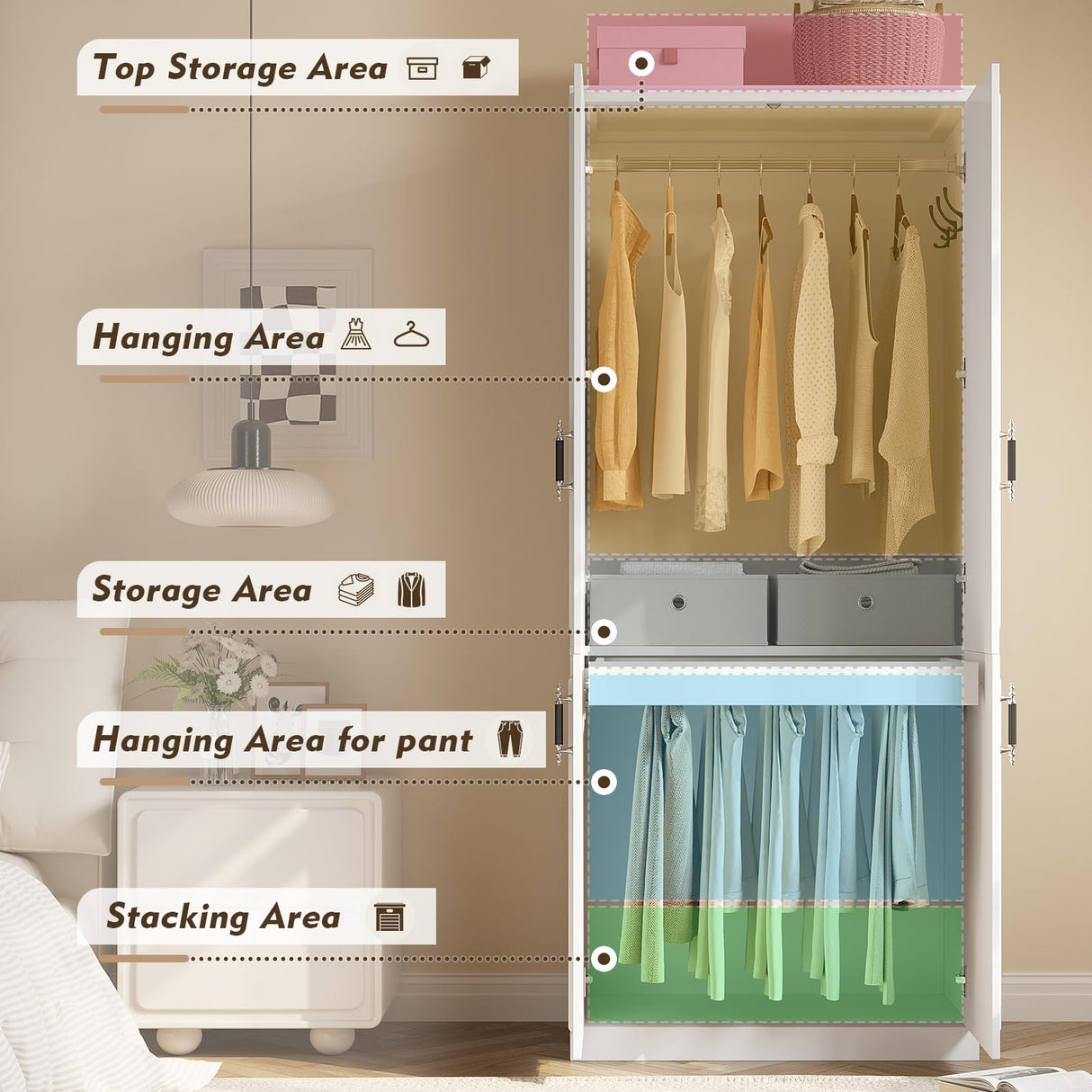 MEISSALIVVE Armoire Wardrobe Closet with 4 Door, 74.8" Large Wardrobe Cabinet with Hanging Rod, Freestanding Modern Bedroom Armoire Storage Cabinet, White MEISSALIVVE