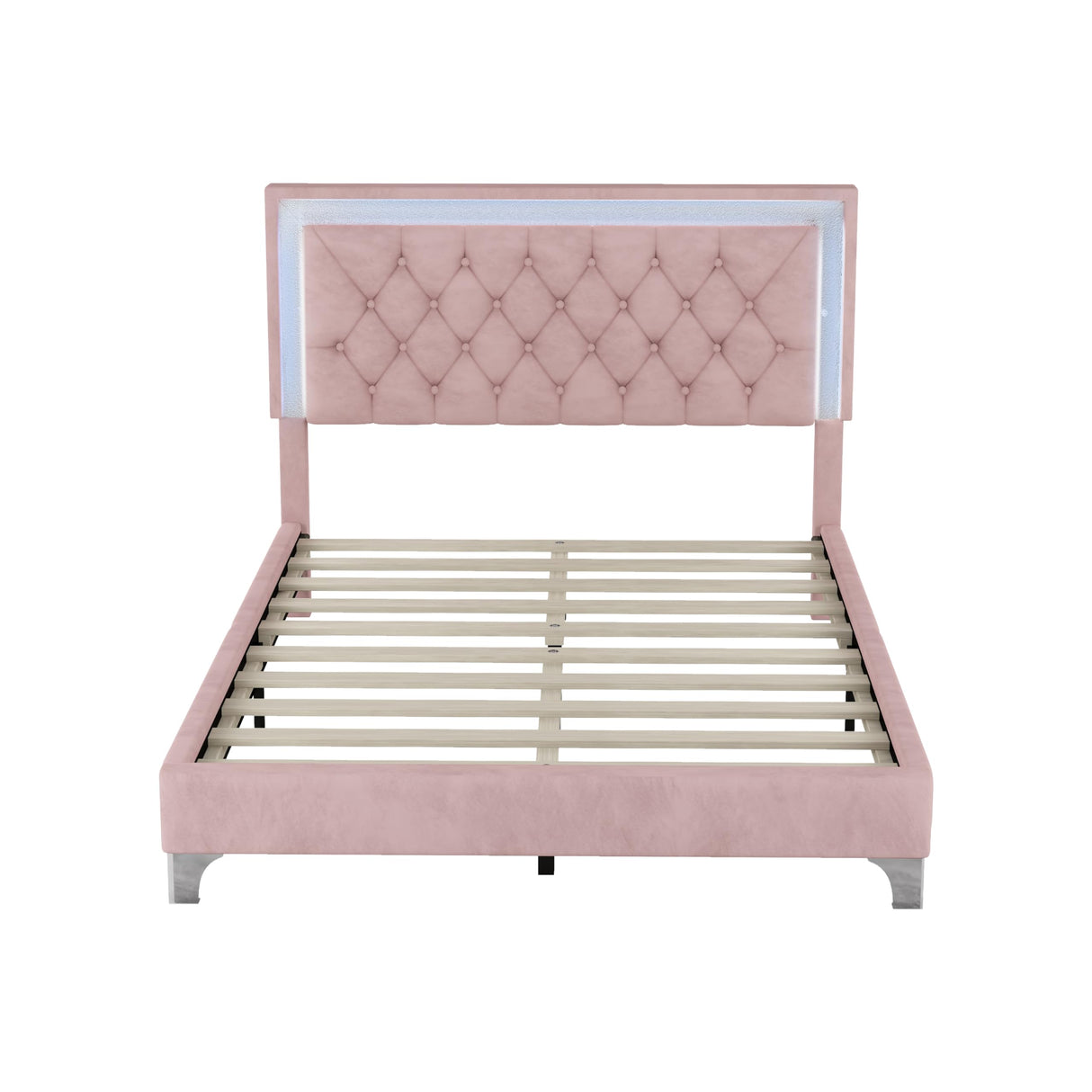 Merax Upholstered Platform Bed, Full Size LED Velvet Fabric Wooden Bed Frame with LED Lights & Tufted Headboard for Bedroom, Wood Slat Support, No Box Spring Needed, Easy Assembly (Pink) Merax