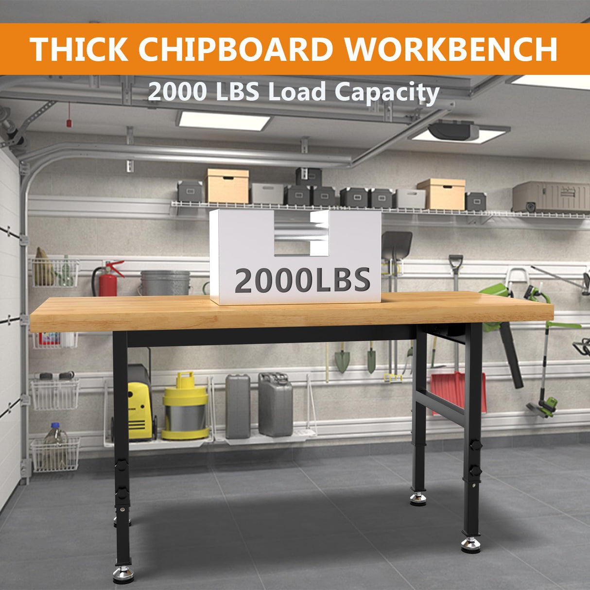 Pelnuies 60" Work Bench, Adjustable Height Workbench with Rubber Pad, Heavy-Duty Work Table with Power Outlets, 2000 LBS Capacity Workstation for Garage, Workshop, Office, Home Pelnuies