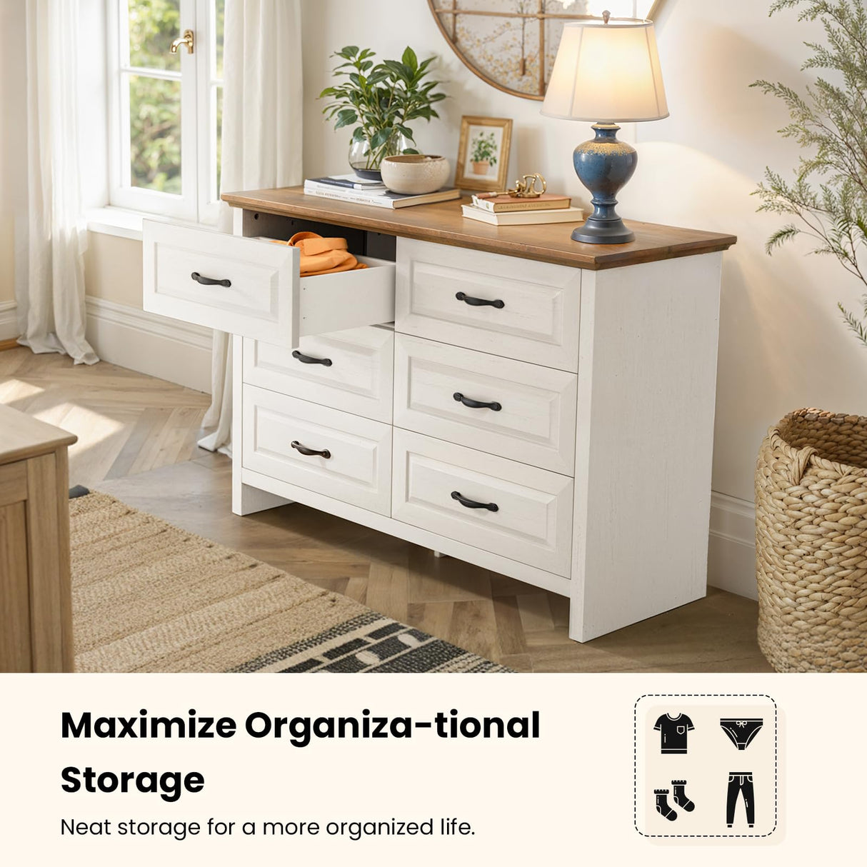 Amada Farmhouse 6 Drawer Dresser for Bedroom, 47.2 Inch Wide Wood Dresser with Natural Texture, Large Drawers, Rustic Farmhouse Chest of Drawers for Bedroom, Living Room, Hallway, Brown & White AMADA HOMEFURNISHING