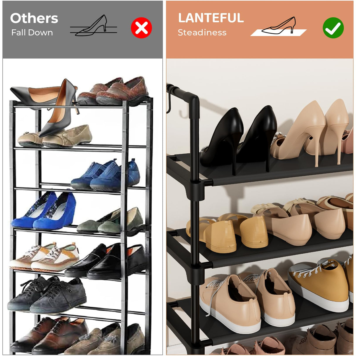 LANTEFUL 3 Tier Shoe Rack for Closet, Shoe Organizer with 5 Hooks, Long Shoe Shelf Storage for Shoe and Boot Stackable Free Standing Shoe Rack for Entryway, Garage, Small Spaces, Dorm, Black LANTEFUL