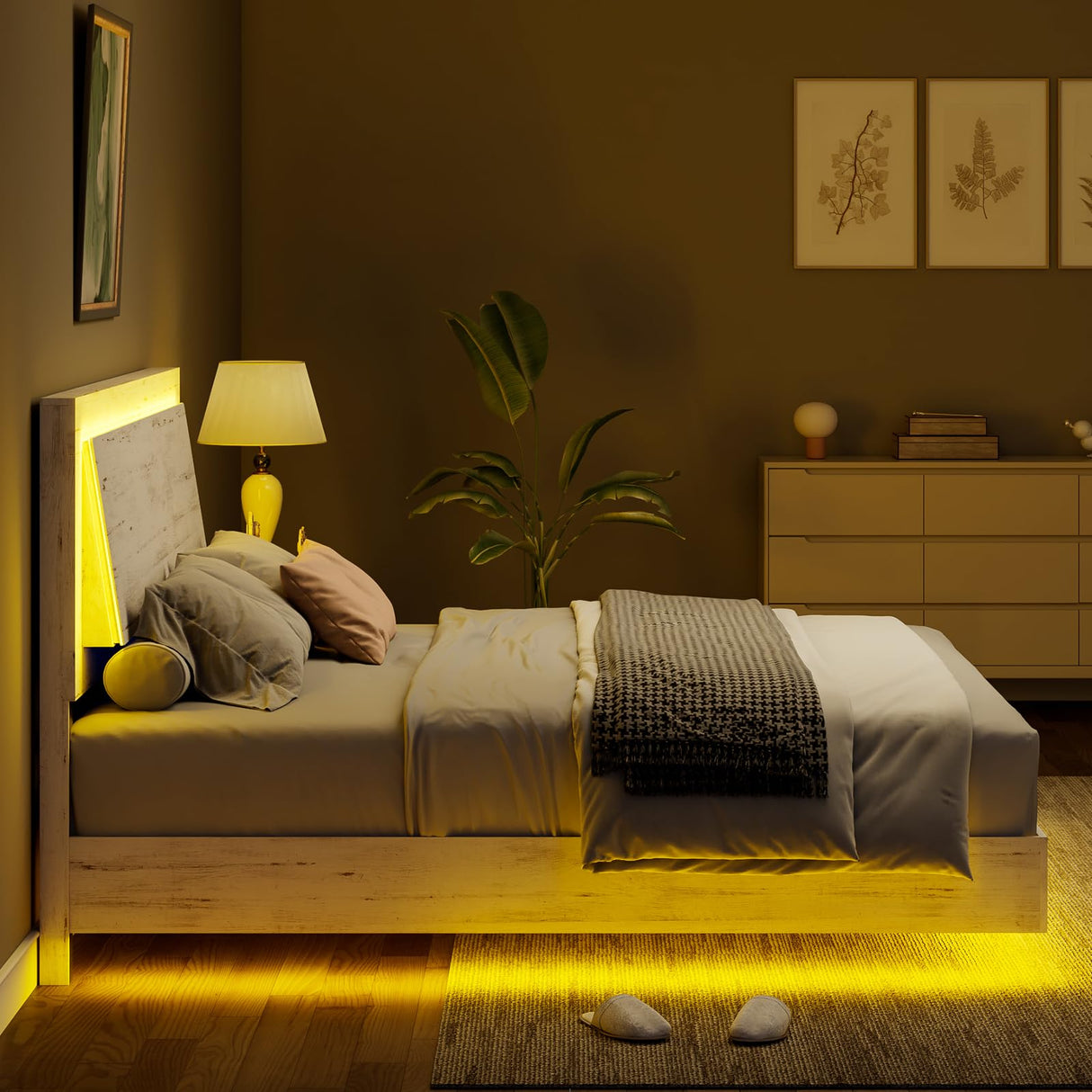 LUXOAK Distressed White King Size Floating Bed Frame with LED Headboard – Modern Farmhouse Design, Easy Assembly & Noise-Free Comfort LUXOAK