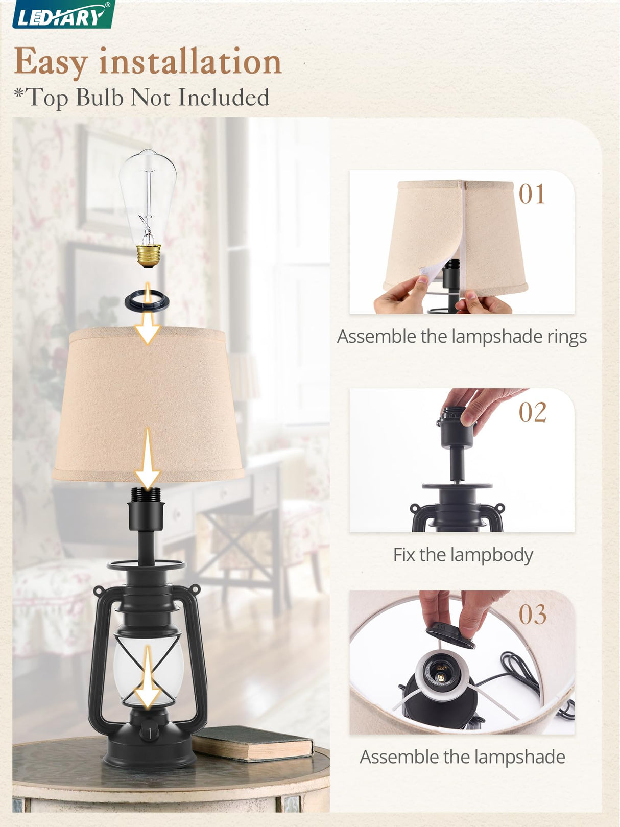 LEDIARY 18.72" Black LED Lantern Flickering Flame Table Lamps for Bedrooms Set of 2, Small Farmhouse Rustic End Table Lamps, Halloween Decorative Lantern Bedside Lamps for Living Room LEDIARY