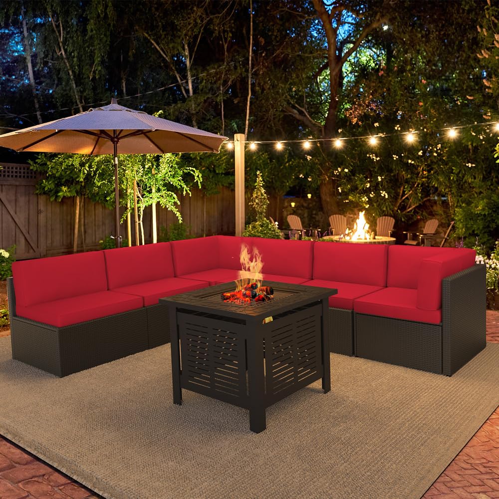 U-MAX 7 Piece Outdoor Patio Furniture Set with Extra 30 Inch Fire Pit Table, PE Rattan Wicker Sofa Set, Outdoor Sectional Furniture Chair Set with Cushions and Tea Table, Brown Rattan&Red Cushion U-MAX
