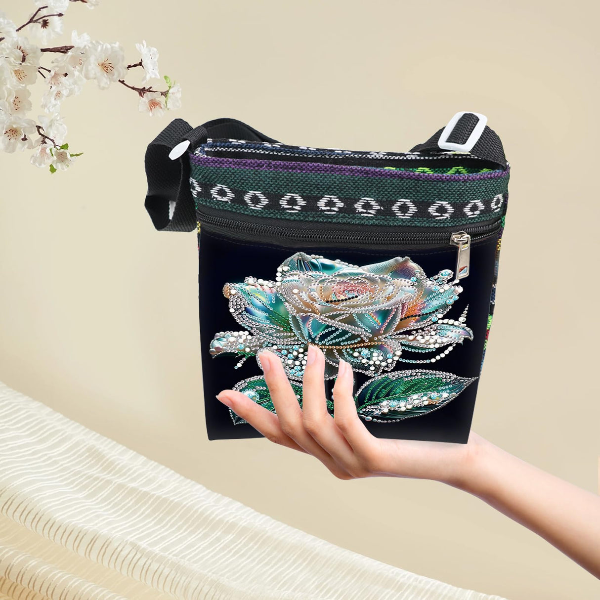 DIY Diamond Art Painting Canvas Crossbody Bag, Ethnic Style, Special Shaped Crystal Diamond Painting by Numbers Mosaic Kits Focart