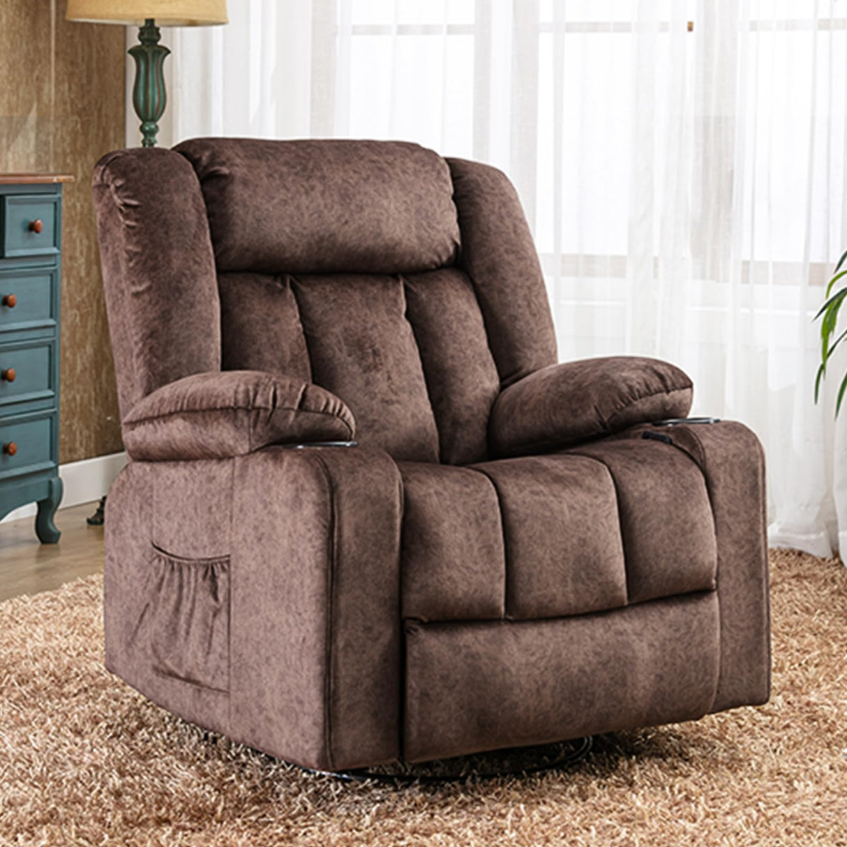 COMHOMA Recliner Chair,360° Swivel Rocker Glider Recliners with Cup Holders, Upholstered Fabric Rocking Chair for Adults,Manual Reclining Single Sofa for Living Room,Brown COMHOMA