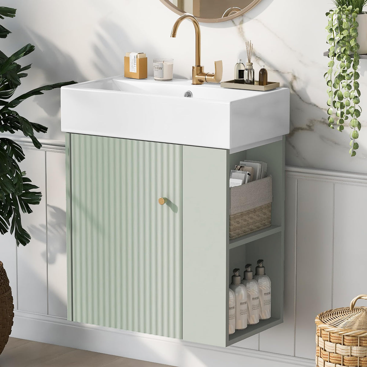 22 Inch Floating Bathroom Vanity With Sink, Wall Mounted Bathroom Vanity Cabinet With Ceramic Sink, Small Bathroom Sink Cabinet With Right Side Storage, Modern Single Sink Bathroom Vanity, Green BNSPLY