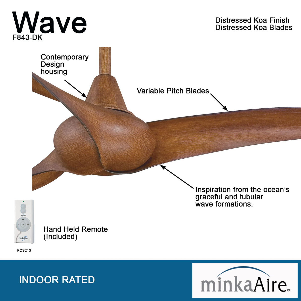 MINKA-AIRE F843-DK, Wave, 52 Inch Ceiling Fan with Remote Control, Brown Distressed Koa MINKA-AIRE