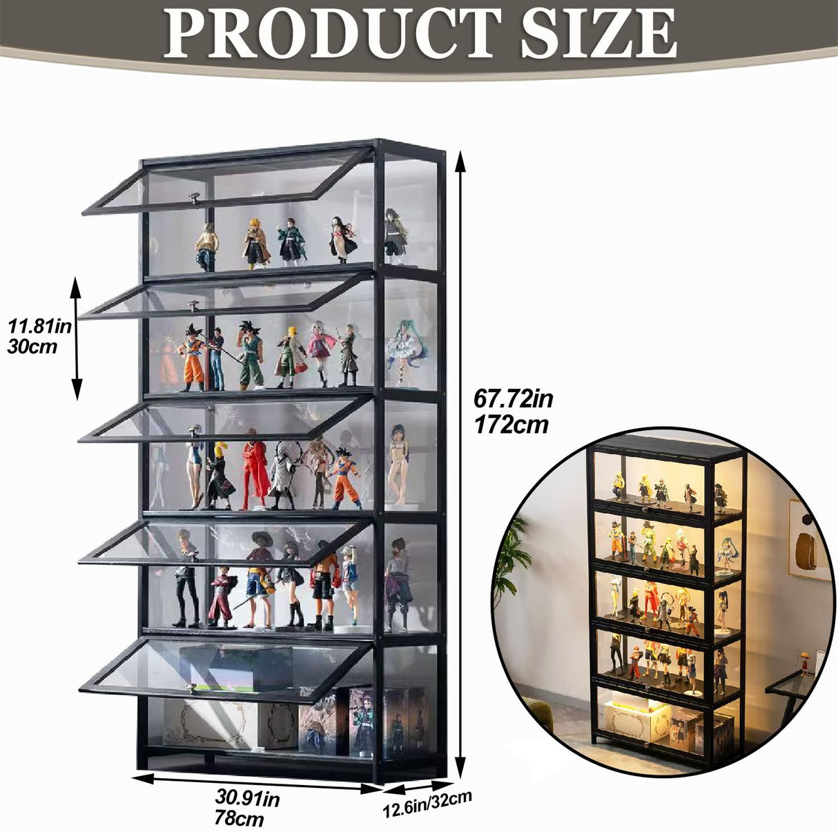 qeknxks Display Cabinet with Acrylic Doors, 5-Tier Bamboo Curio Display Cabinet, Display Cases for Figurine, Toy Organizers Rack & Display Shelf, Kids Bookcase for Home Office, Playroom, Living Room qeknxks