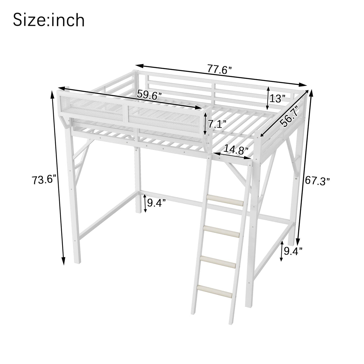 KEIKI Full Size Metal Loft Bed Frame with Ladder and Built-in Storage Shelves, for Teens, Modern Style Loft Bed with Solid Slats, Guardrail, No Box Spring Required, Easy Assembly, for Bedroom, White KEIKI