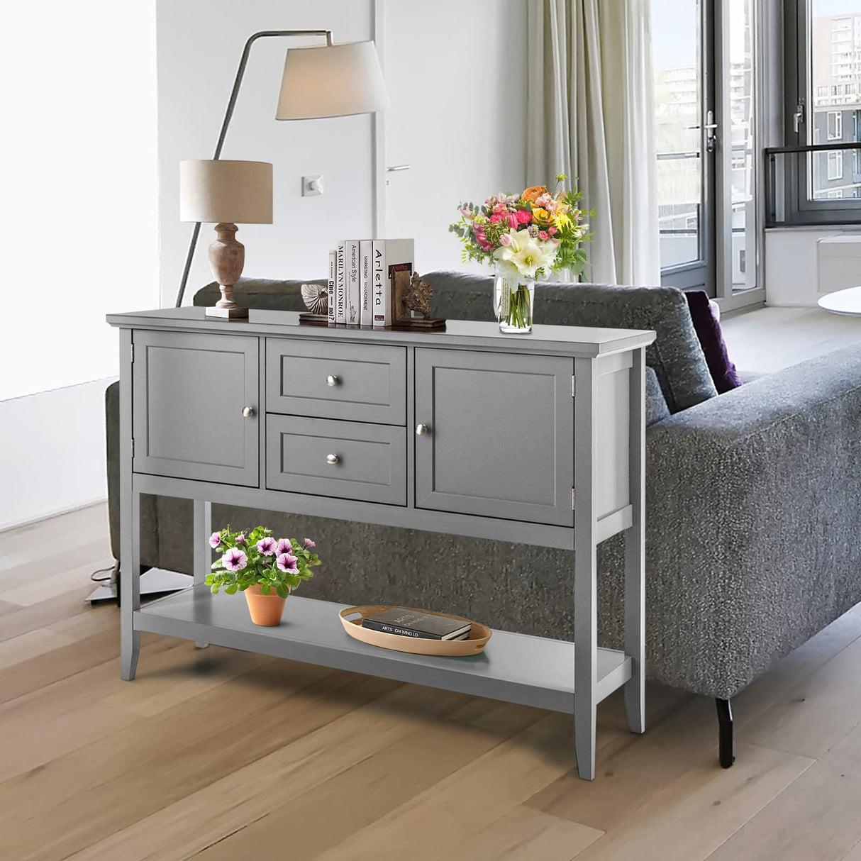 HAPPYGRILL Buffet Sideboard Solid Wood Storage Cabinet Console Table with 2 Drawers & Shelf, Buffet Server Cupboard for Kitchen, Entryway, Living HAPPYGRILL