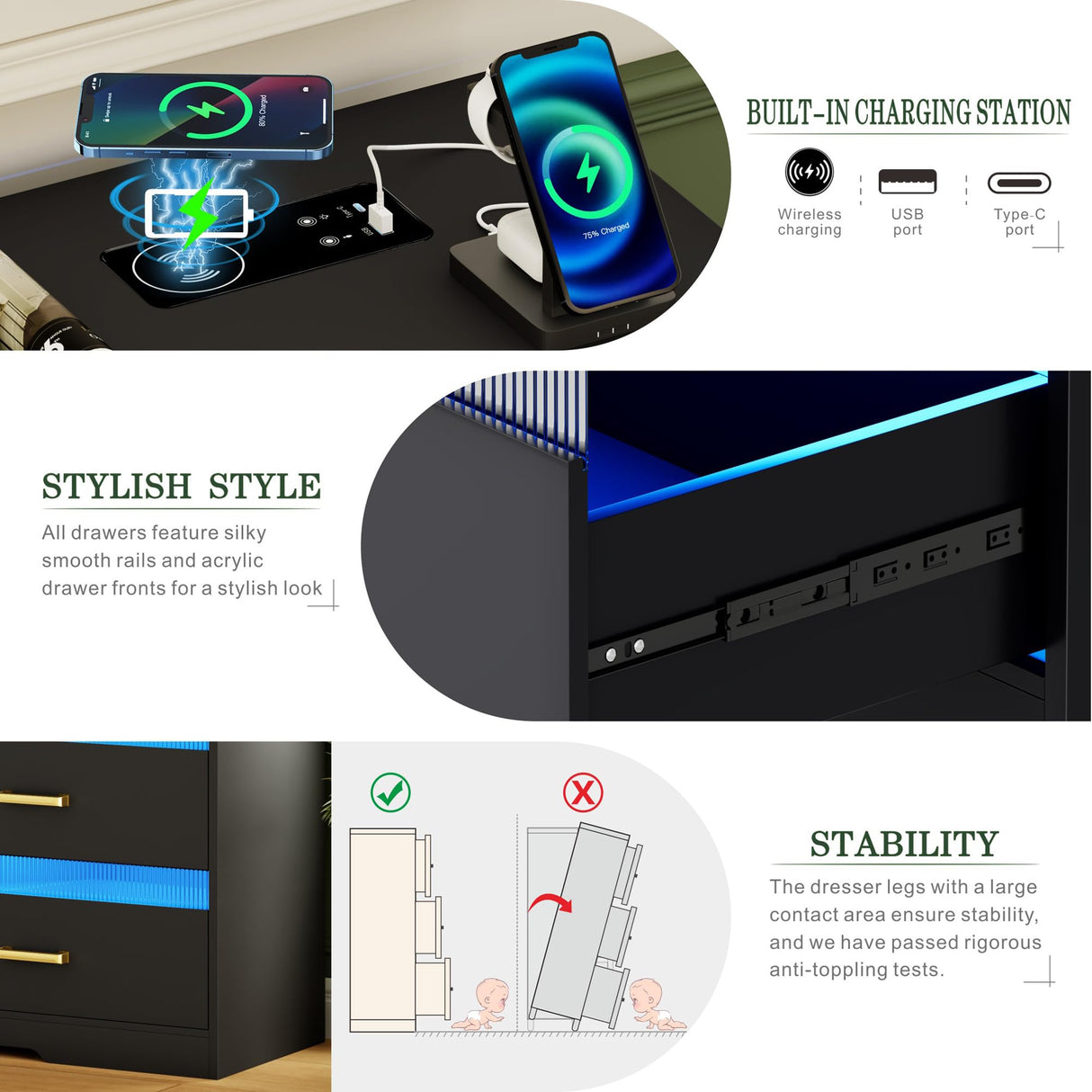 FREDEES 7 Drawers Dresser for Bedroom with LED Light, Large Chest of Drawers, Modern Black Dresser with Charging Station, Wood Bedroom Dressers for Closet/Living Room/Hallway FREDEES