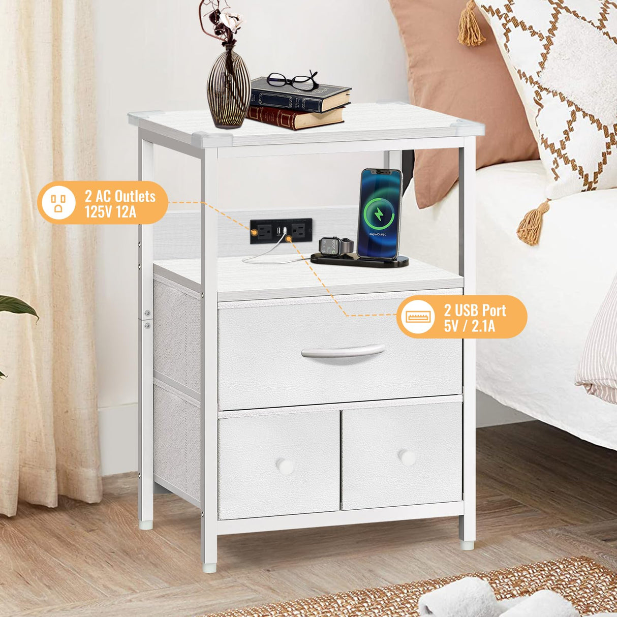 BEHEY Night Stand, Bedside Table, Adjustable Leveling Dorm Nightstand with 3 Drawers Storage, End Table with Corner Protectors, Nightstand with Charging Station, 3-Tiers,White, 15.75 Inch BEHEY