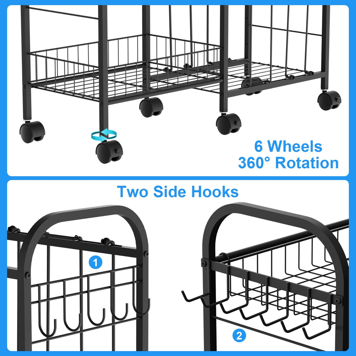 NEYCIL Ball Storage Rack, Sports Ball Storage Cart with 6 Wheels, Elastic Strap, Removable Basket, Hooks, Sports Equipment Organizer For Garage, Children's Room, Court, School, Small Gym, Outdoor NEYCIL