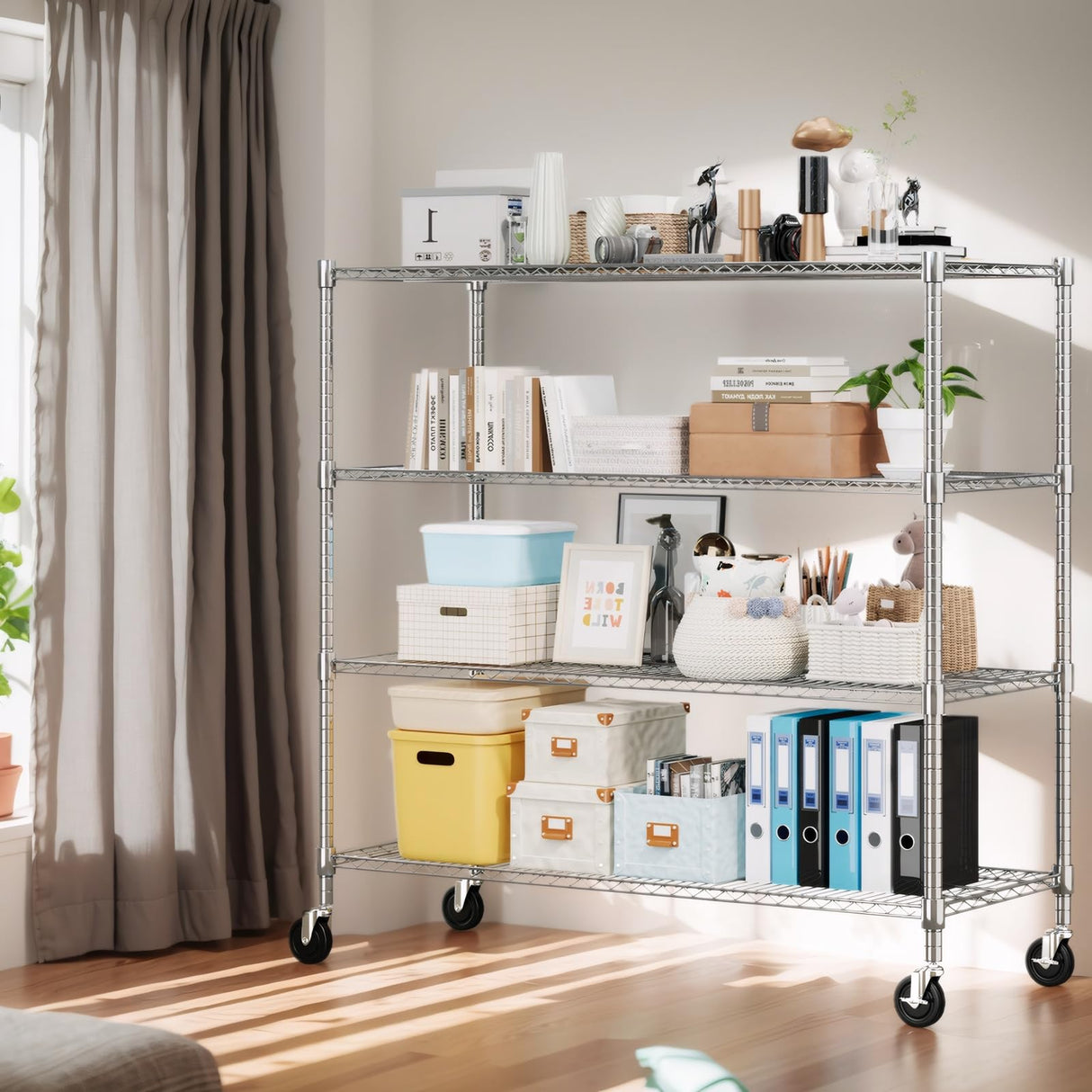 Himimi 72" H Storage Shelves 4 Tier Metal Shelving Adjustable Wire Shelf with Wheels, Heavy Duty Shelving for Garage Kitchen Pantry Bathroom Laundry,18" D*48" W*72" H, Silver Himimi