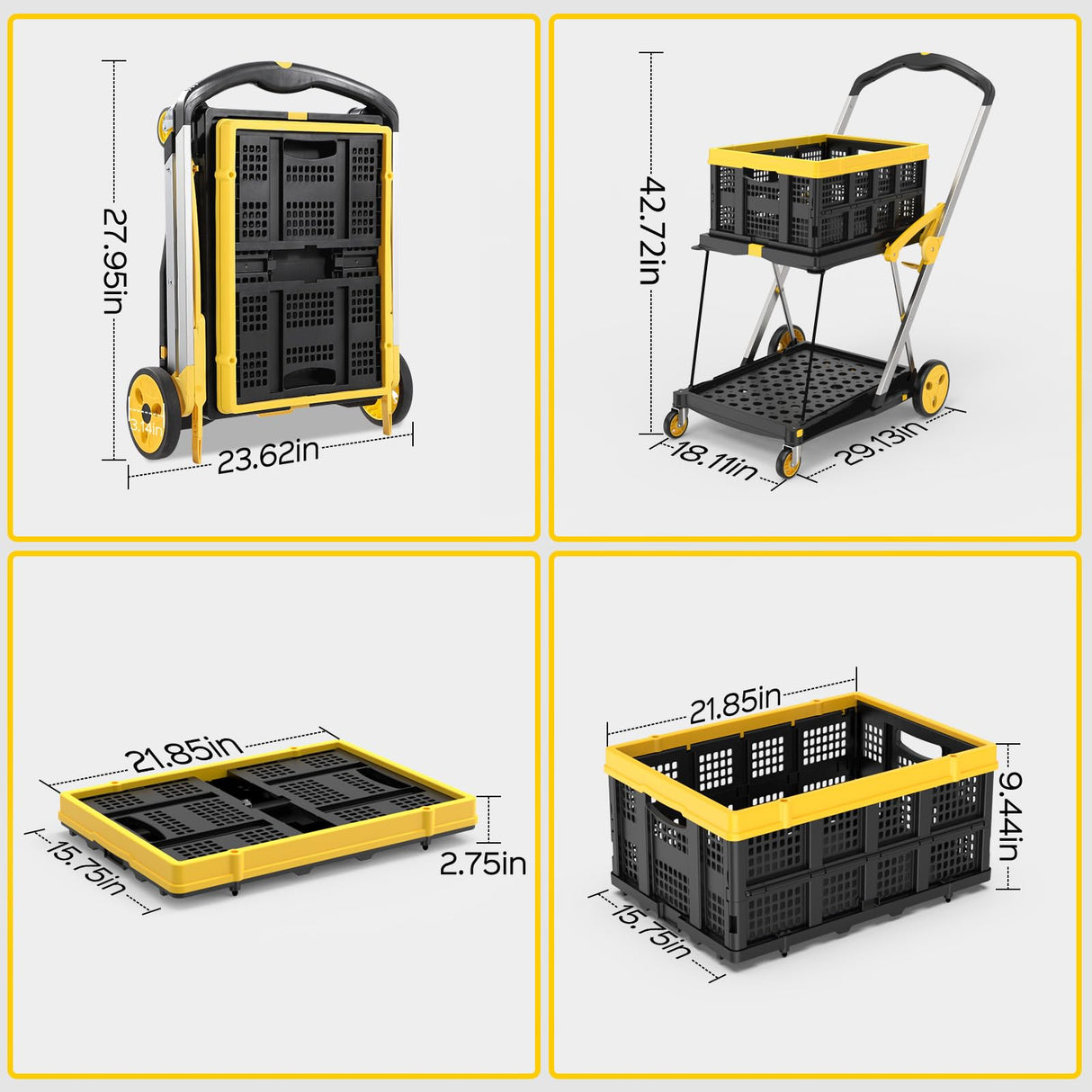 TOLRET Utility Cart, 200 lbs Capacity Folding Shopping Cart, Multi-Functional Collapsible Cart, Platform Hand Truck with Foot Brake, Grocery Cart on Wheels Foldable with Storage Crate, Yellow TOLRET