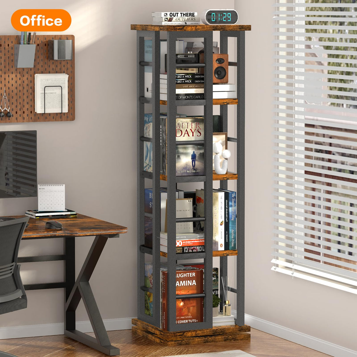 EasyCom 360° Rotating Wood Bookshelf with Metal Frame - 4-Tier Corner Storage for Living Room and Office, Brown EasyCom