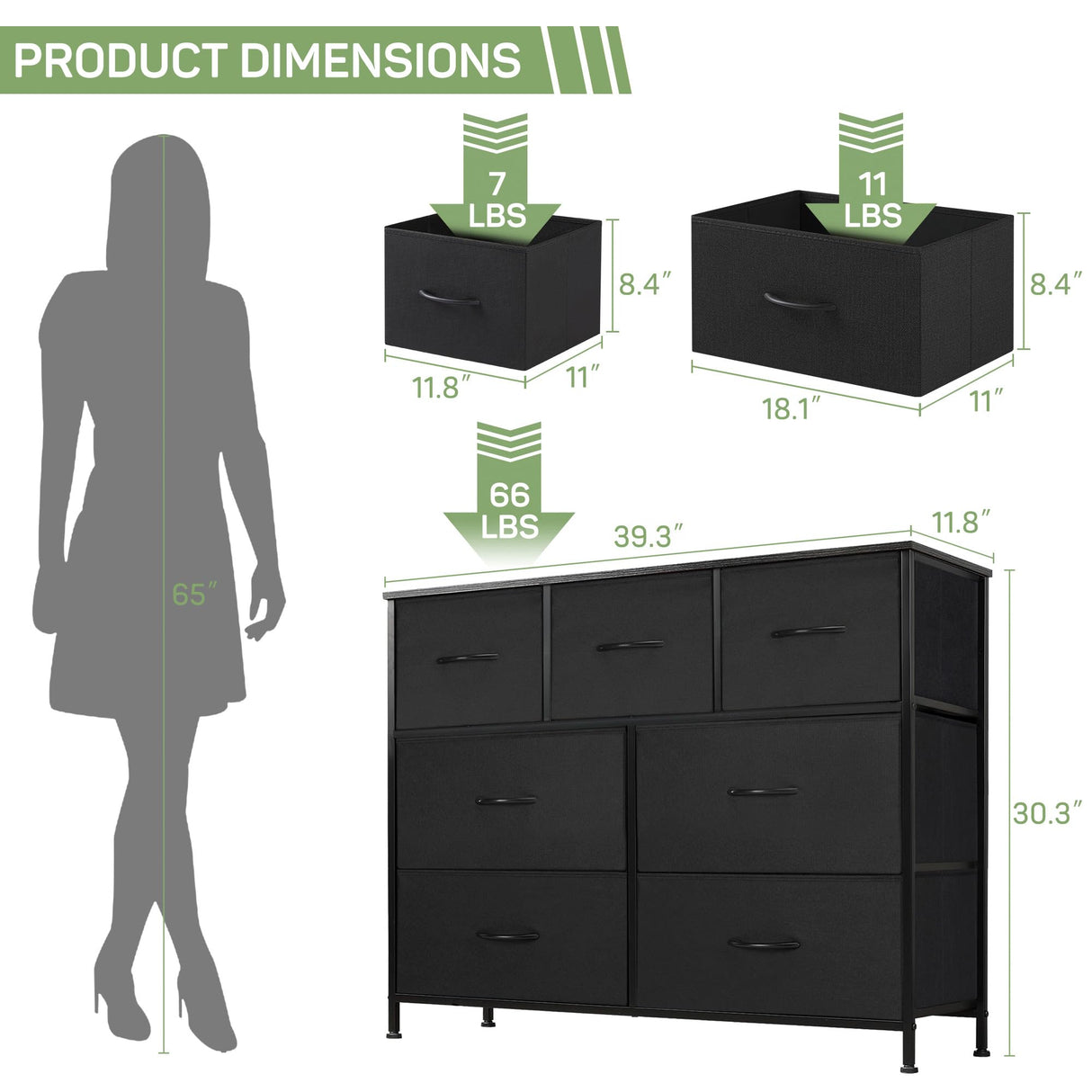 Zibbizo Dresser for Bedroom, 7 Storage Drawers, Anti-Tip Wide Fabric Closet Chests Organizer Tower Furniture, TV Stand for TV up to 45 inch with Wooden Top Metal Frame for Clothes, Living Room Zibbizo