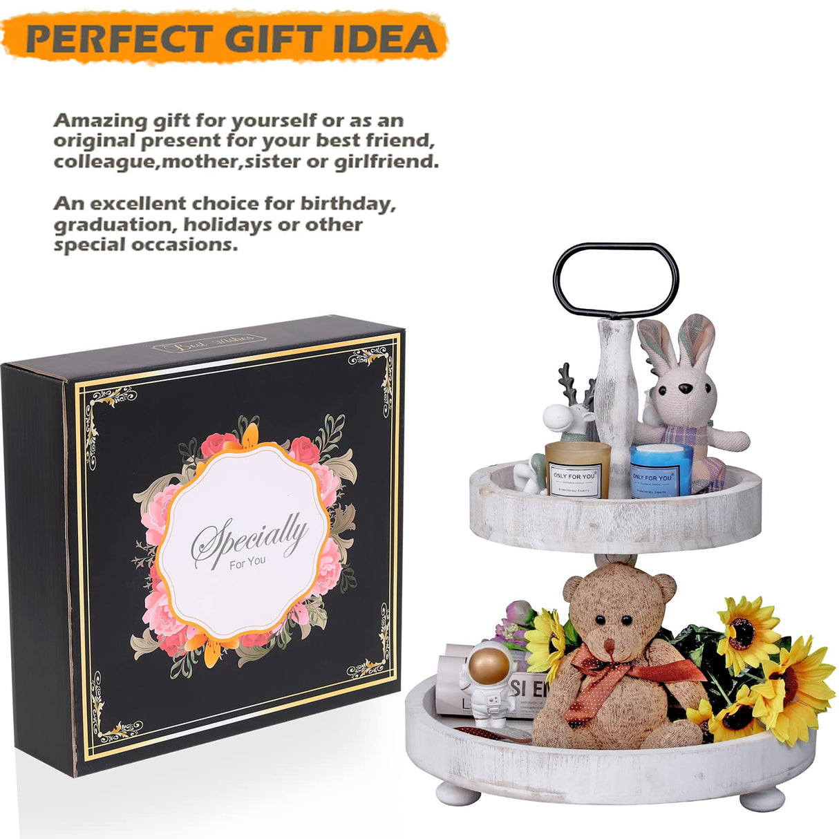 2 Tier Tray Rustic Cake Stand Farmhouse Kitchen Decor Centerpiece,Farmhouse 2 Tier Serving Tray with Handle for Coffee Bar SWT8CAI