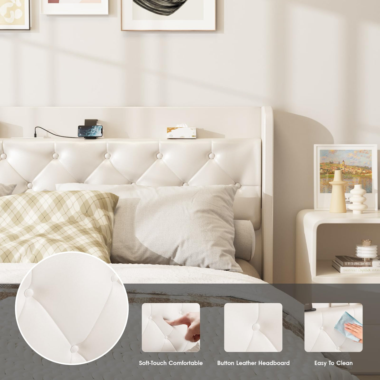 Halitaa White King Size Floating Bed Frame with LED Lights and Charging Station Halitaa