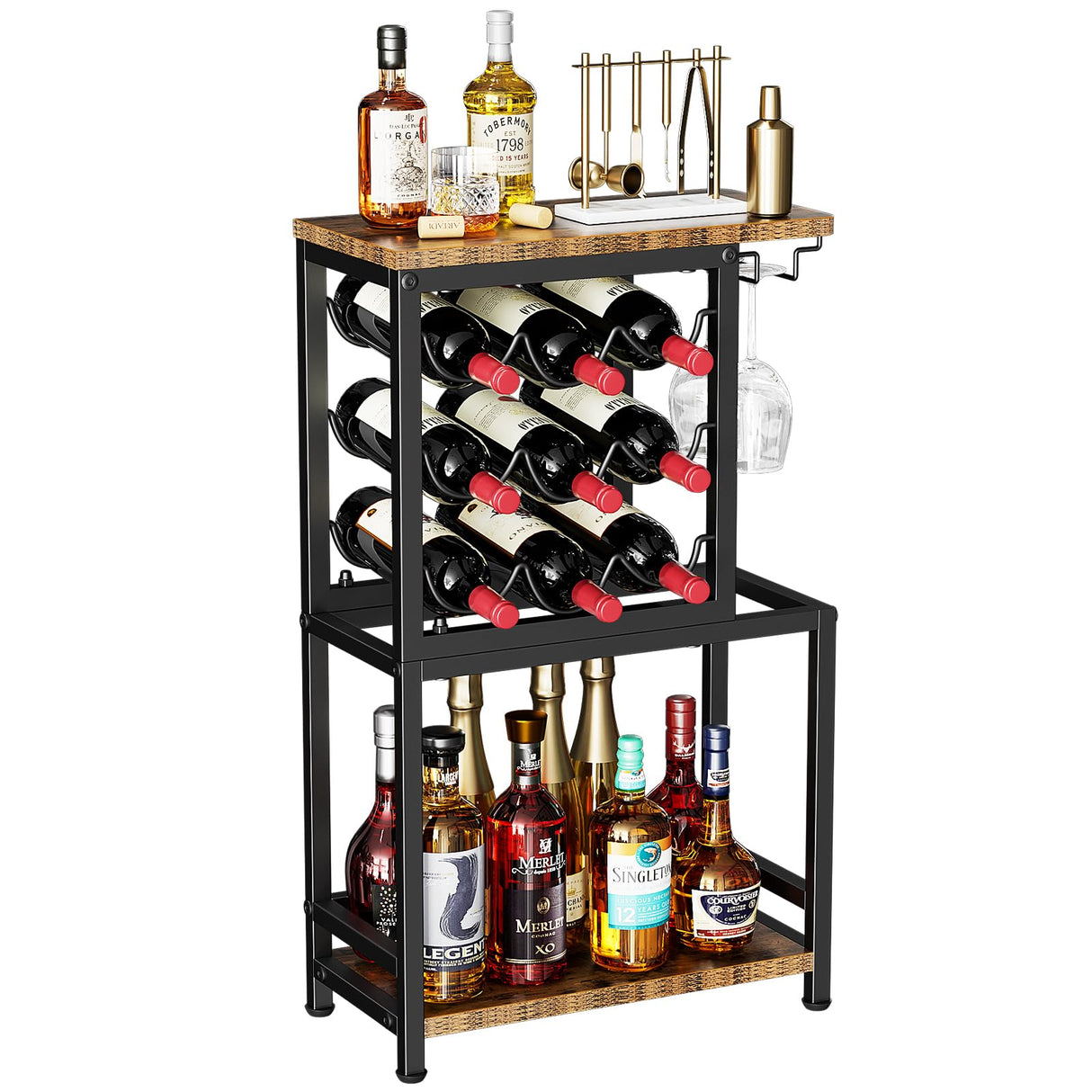 Nuovoware Wine Rack Freestanding Floor, 3 Tier Wine Rack Tabletop with Glasses Holder, Versatile Liquor Stand for Home Bar, Mini Bar Table Corner Liquor Whiskey Wine Display Stand, Black+Brown Nuovoware