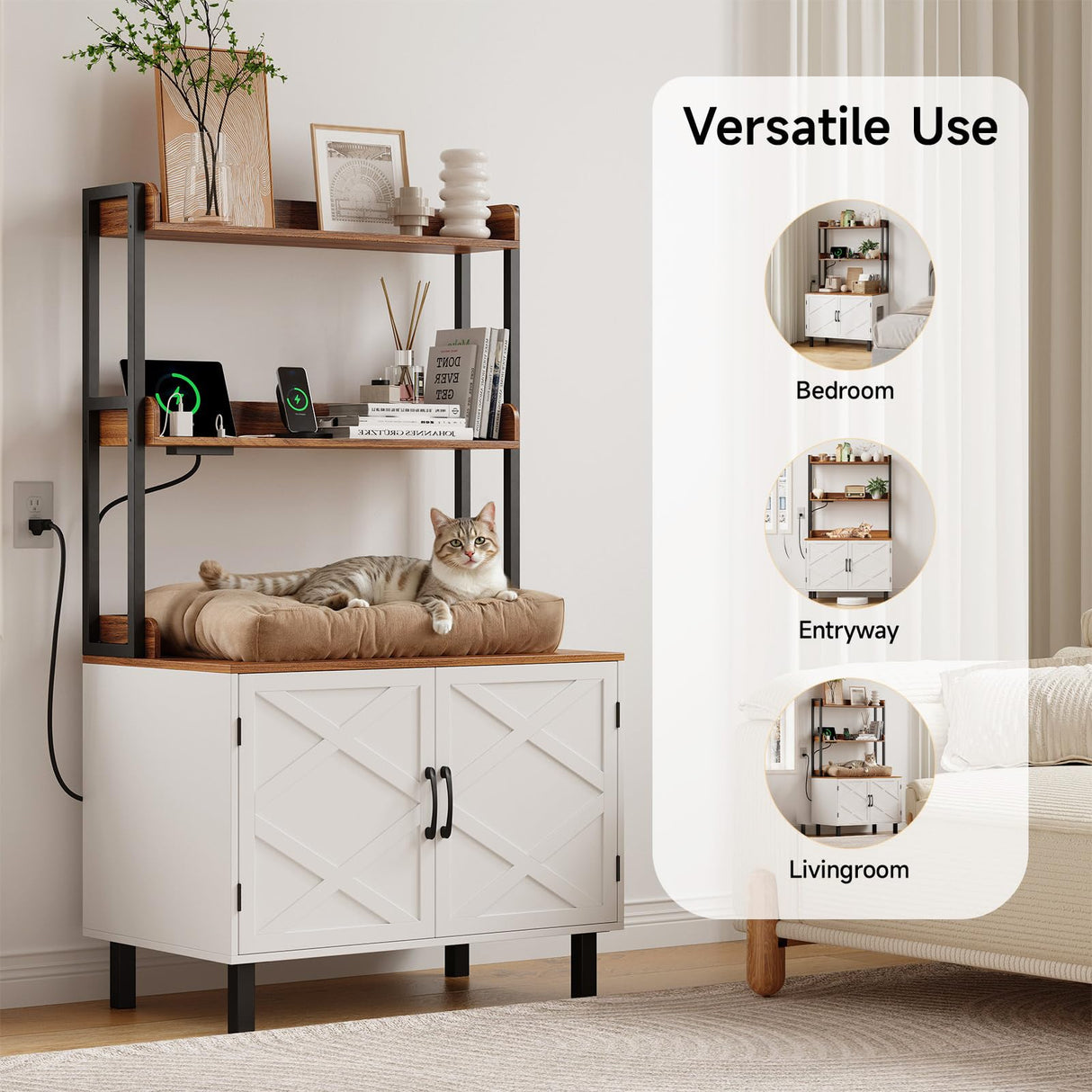 ONBRILL 55 Inches Cat Litter Box Enclosure, Hidden Litter Box Furniture with 2 Storage Shelves and Charging Sockets, Wooden Cat House, Large Indoor Cabinet for Livingroom & Entryway, White ONBRILL