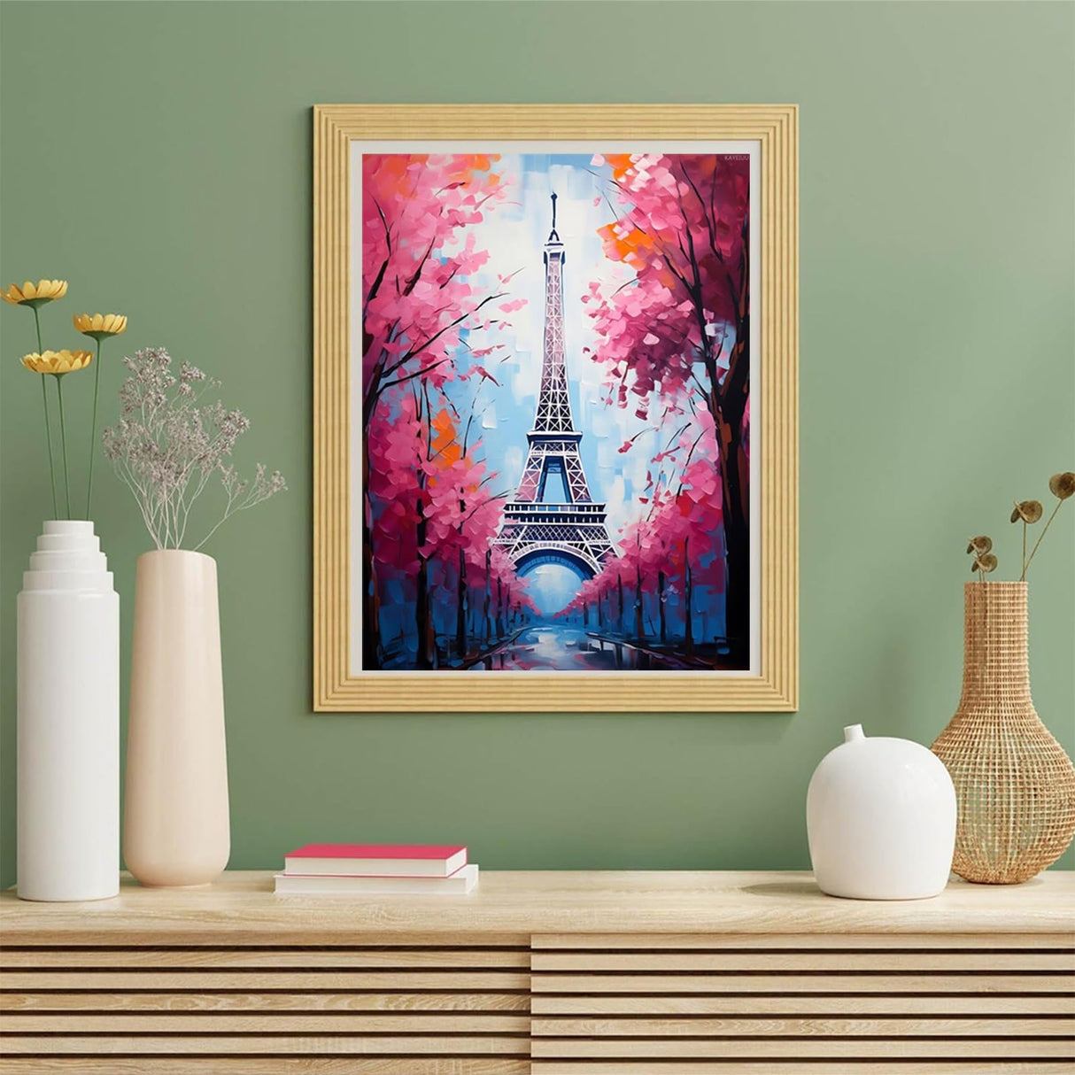 KAYEIUU 5D Paris Eiffel Tower Diamond Art Painting Kits for Adults, Eiffel Tower Pink Cherry Blossoms Diamond Dots Paintings for Beginners Home Wall Decor Gifts 12x16 inch KAYEIUU