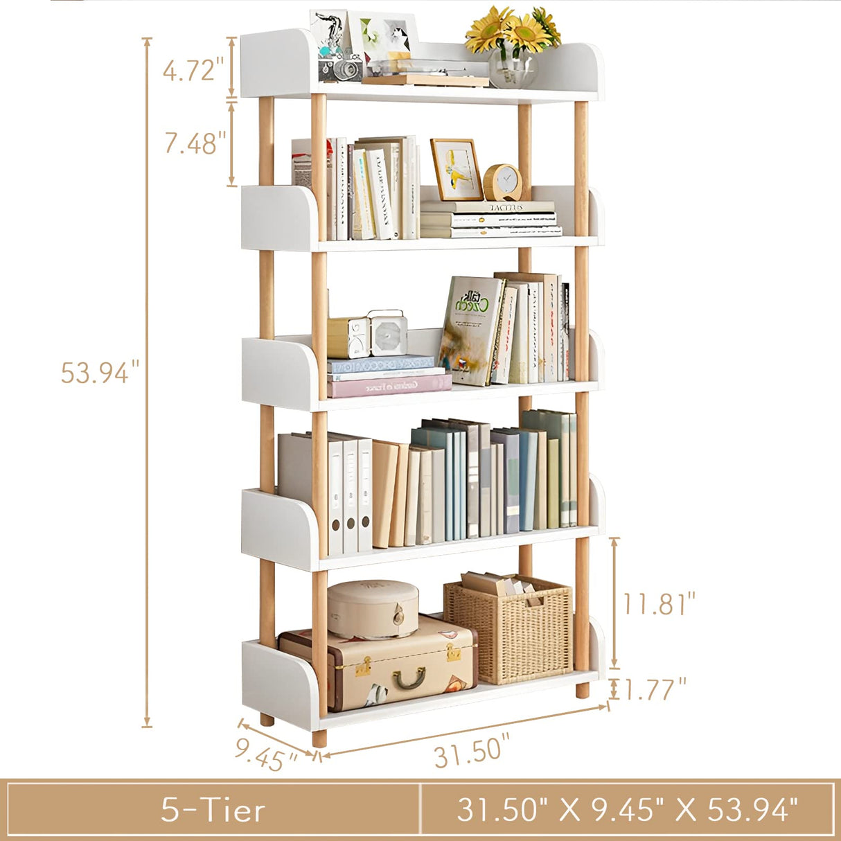 Modern 5-Tier Open Bookcase in Warm White with Solid Wood Frame and Side Panels OSCHF