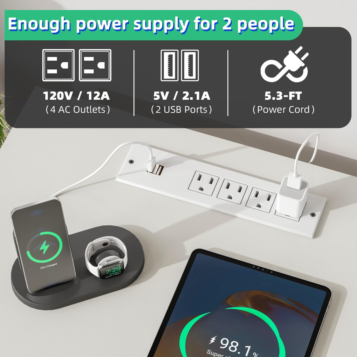 GYIIYUO 93'' Two Person Desk with Charging Station, Long Desk with 3 Drawers and Printer Shelf, Double Computer Desk, Fabric Drawers, 2 Person Writing Study Table Workstation for Home Office, White GYIIYUO