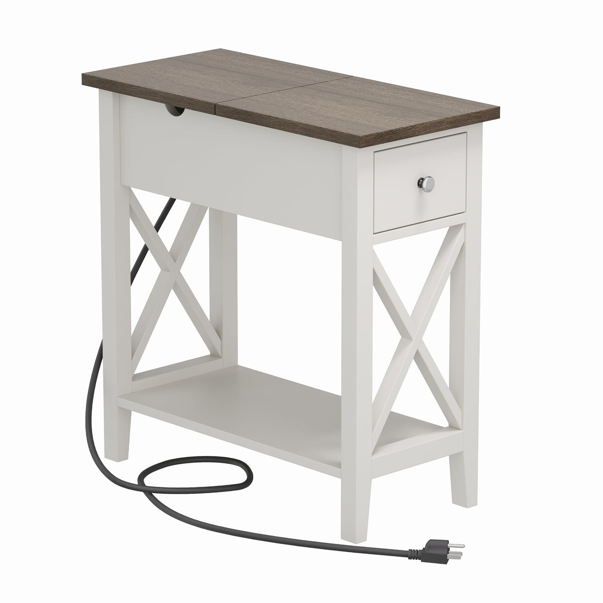 ChooChoo Farmhouse End Table with Charging Station, Accent Small Side Table Nightstand for Living Room, Bedroom, and Small Spaces - Soft White ChooChoo