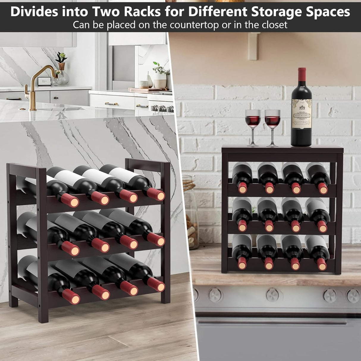 FoverOne 24-Bottle Wine Rack Freestanding Floor, 6-Tier Bamboo Wine Display Rack Storage Shelf with Table Top for Kitchen Dining Room Bar Cellar - Dark Brown FoverOne