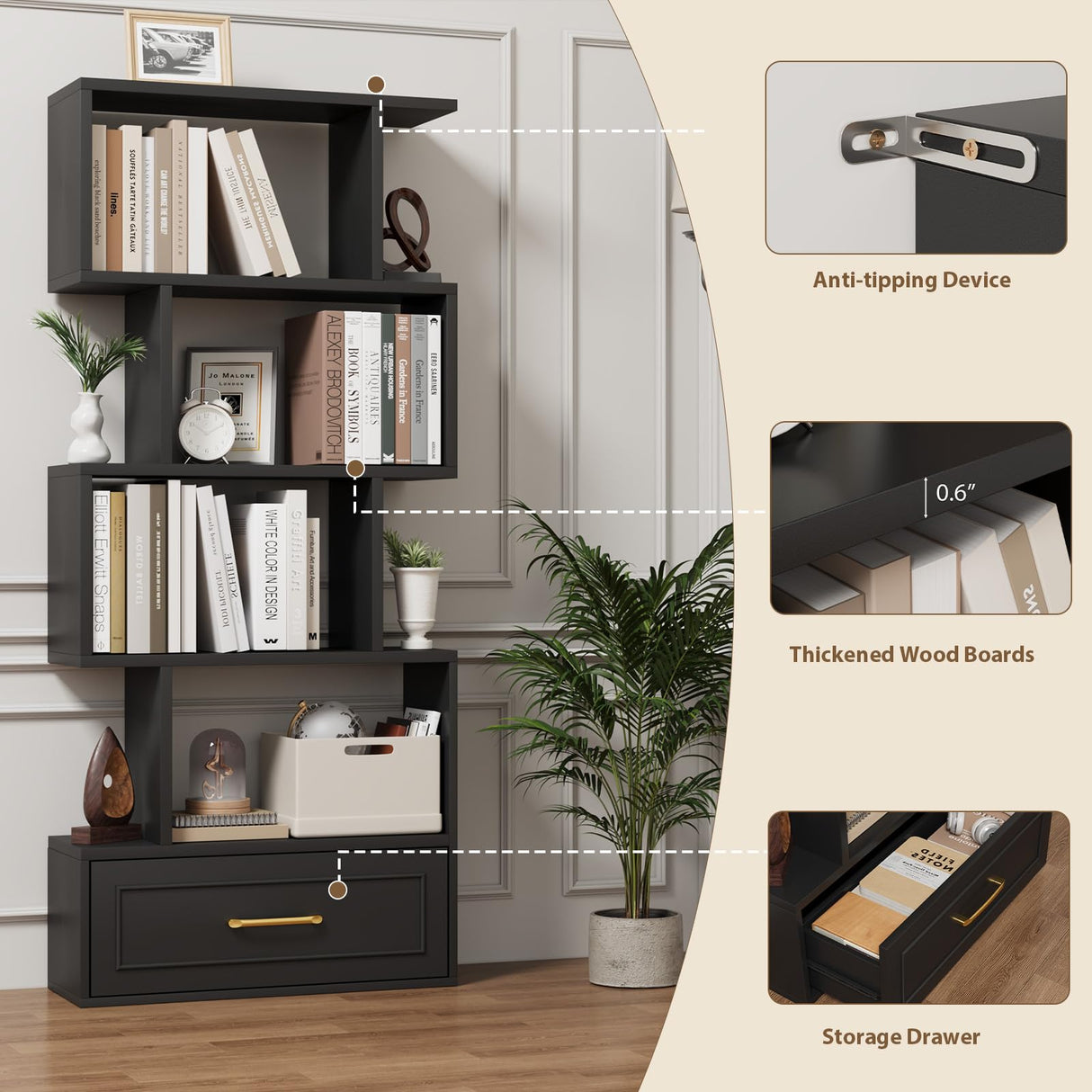 Geometric Bookshelf, 59” Tall S Shaped Bookshelf with Drawer, 5 Tier Bookshelf with Anti-Tipping Device, Wood Geometric Open Storage Display Shelf for Living Room,Study Room,Office,Bedroom(Black) HOTLUU