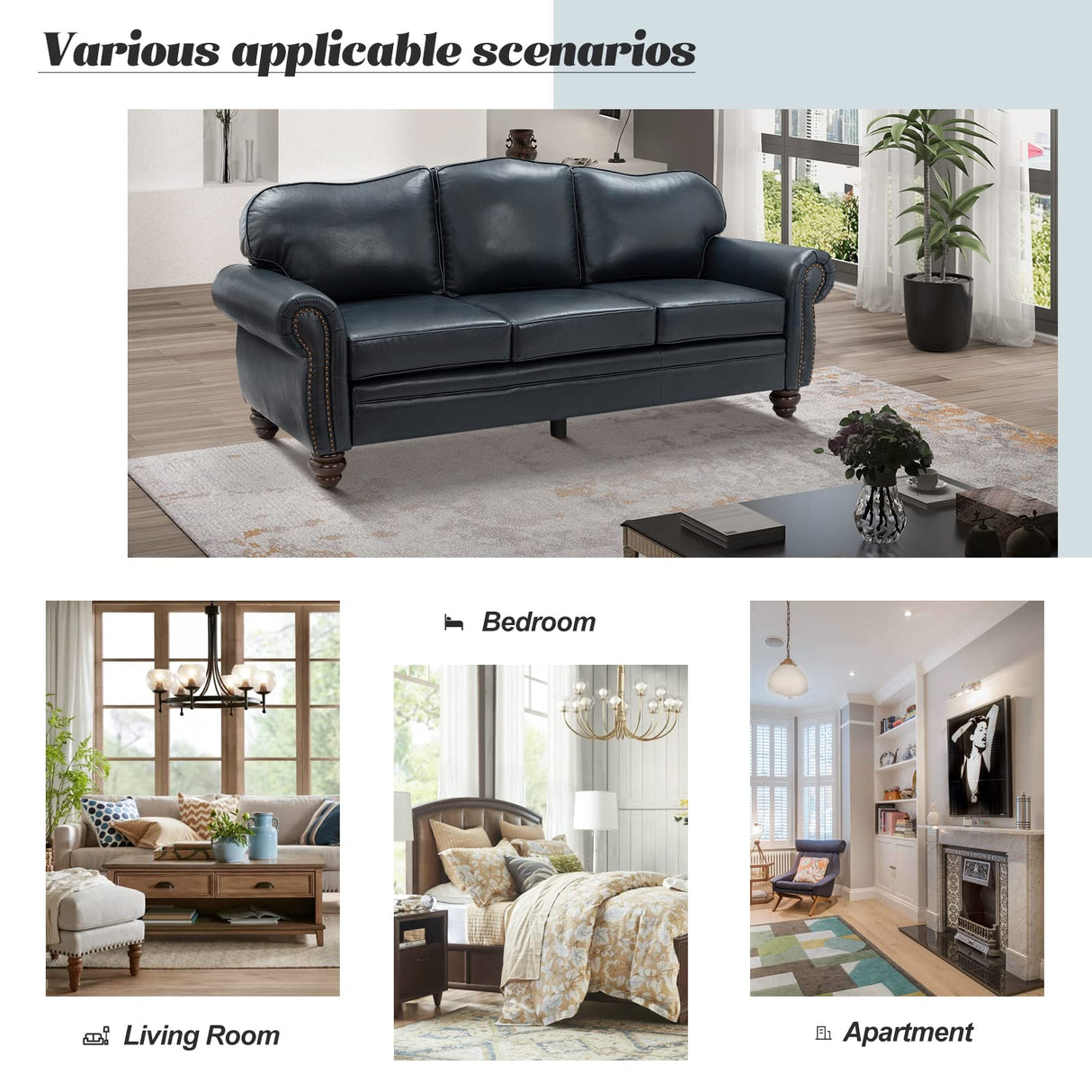 HULALA HOME 81'' Upholstered Leather Sofa with Removable Cushion, Mid-Century Modern Living Room 3-Seater Couch, Full Grain Leather Couch with Nailhead Trim and Rolled Arm for Bedroom Apartment, Navy HULALA HOME