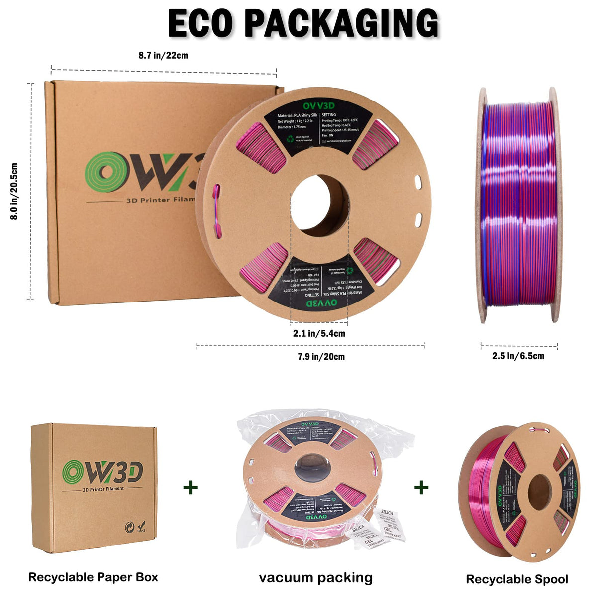 OVV3D Silk PLA Filament, 3D Printer Filament Tri-Colors Coextrusion PLA Filament 1.75mm, Rainbow PLA Filament with Silk PLA Red-Blue-Green, 3D Printing Filament +/-0.02mm, 1kg/2.2lbs OVVNYXE