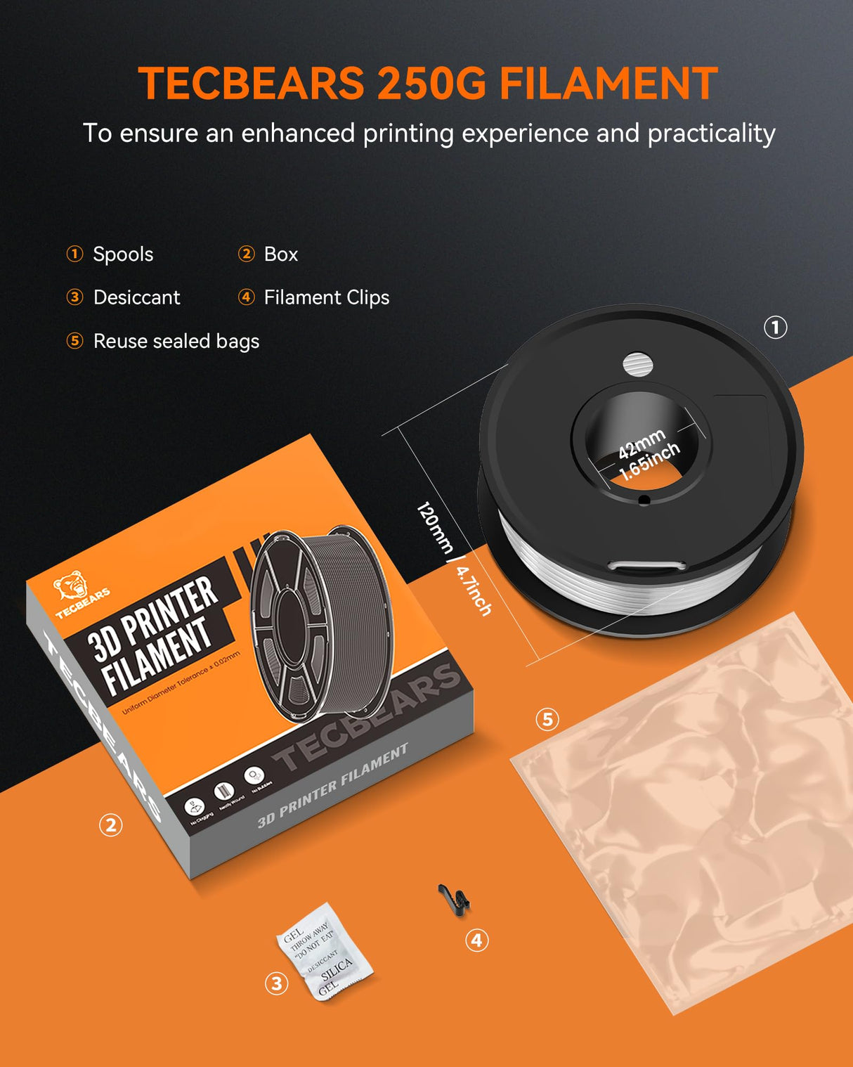 TECBEARS PETG Filament 1.75, Transparent 3D Printer Filament Bundle, 250g/Spool, 8 Rolls, 2 Spool of Black/Transparent and 6 Spools of Clear PETG Red/Orange/Blue/Green/Purple/Yellow TECBEARS