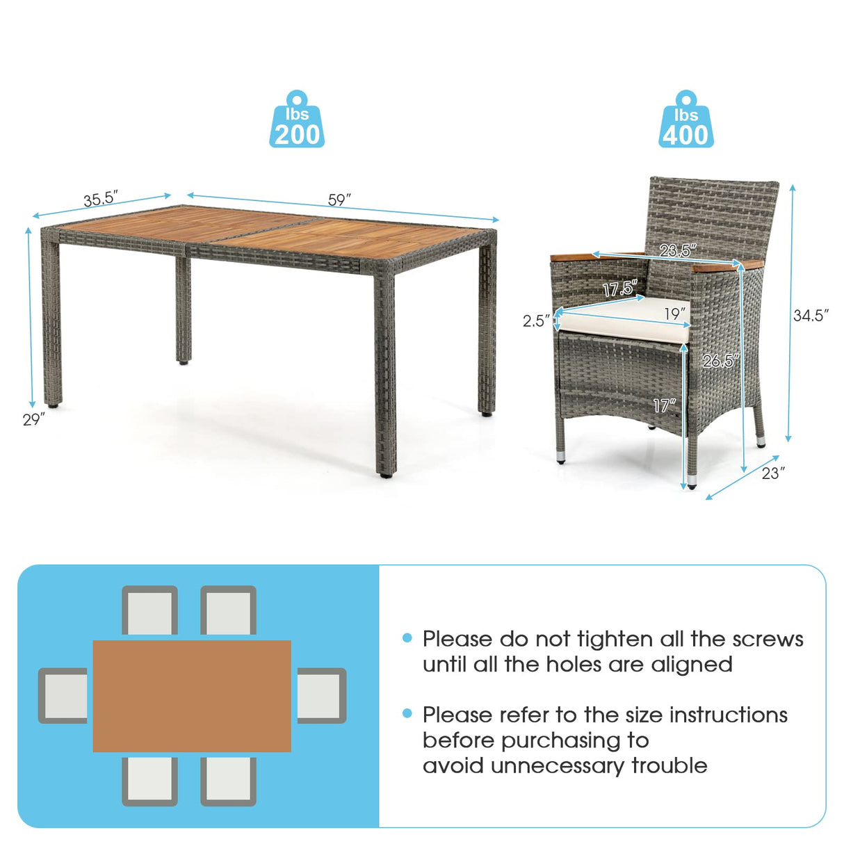 RELAX4LIFE Outdoor Patio Dining Set - 7 Pieces PE Rattan Wicker Furniture Set with Acacia Wood Dining Table Cushioned Armchairs Space-Saving Patio Table and Chairs Set Sectional Conversation Set RELAX4LIFE