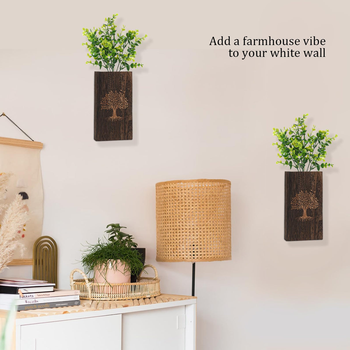 CypherX Wood Wall Planter with Artificial Eucalyptus Set of 2, Farmhouse Wall Decor for Living Room Bathroom Bedroom Kitchen, Wooden Pocket Wall Vases for Fake Plants Greenery and Dried Flowers CypherX