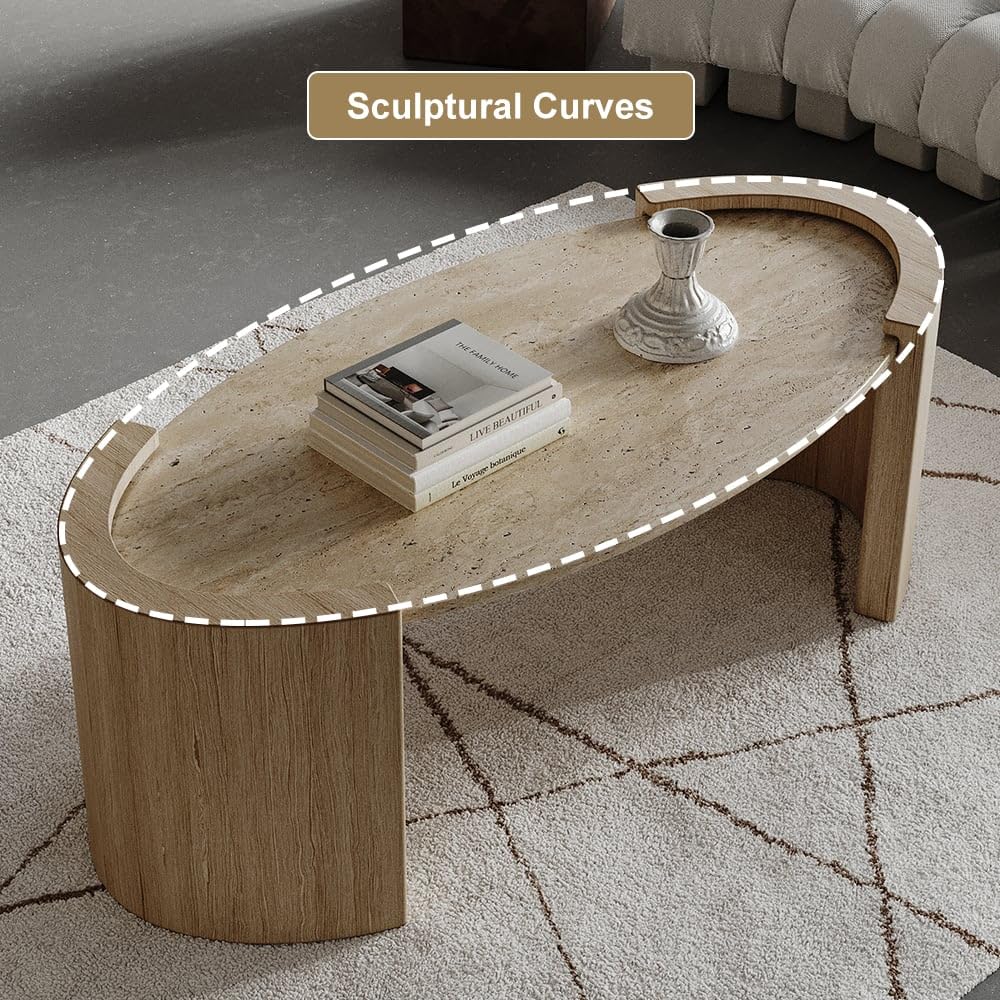 homary 43" Japandi Oval Travertine Stone Top Coffee Table – Double Pedestal Oval Coffee Table with Natural Beige Stone Surface and Engineered Wood Base for Living Room and Lounge homary