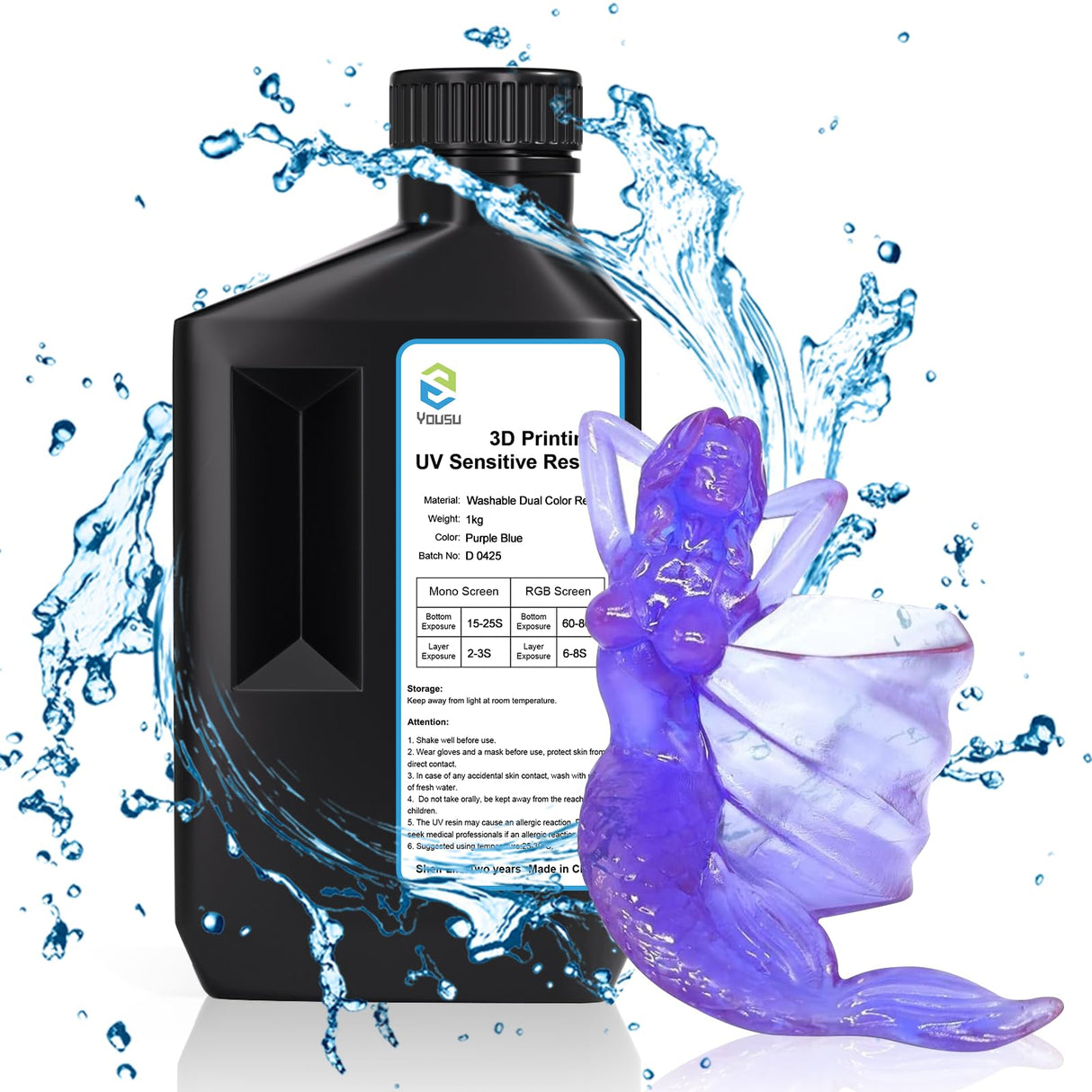 Yousu 3D Printer Resin UTH Nebula, Water Washable Resin Dual Color 3D Printer UV-Resin Rapid LCD UV-Curing Resin 405nm Photopolymer Resin for LCD 3D Printer 1000g, Purple Blue Color. Yousu