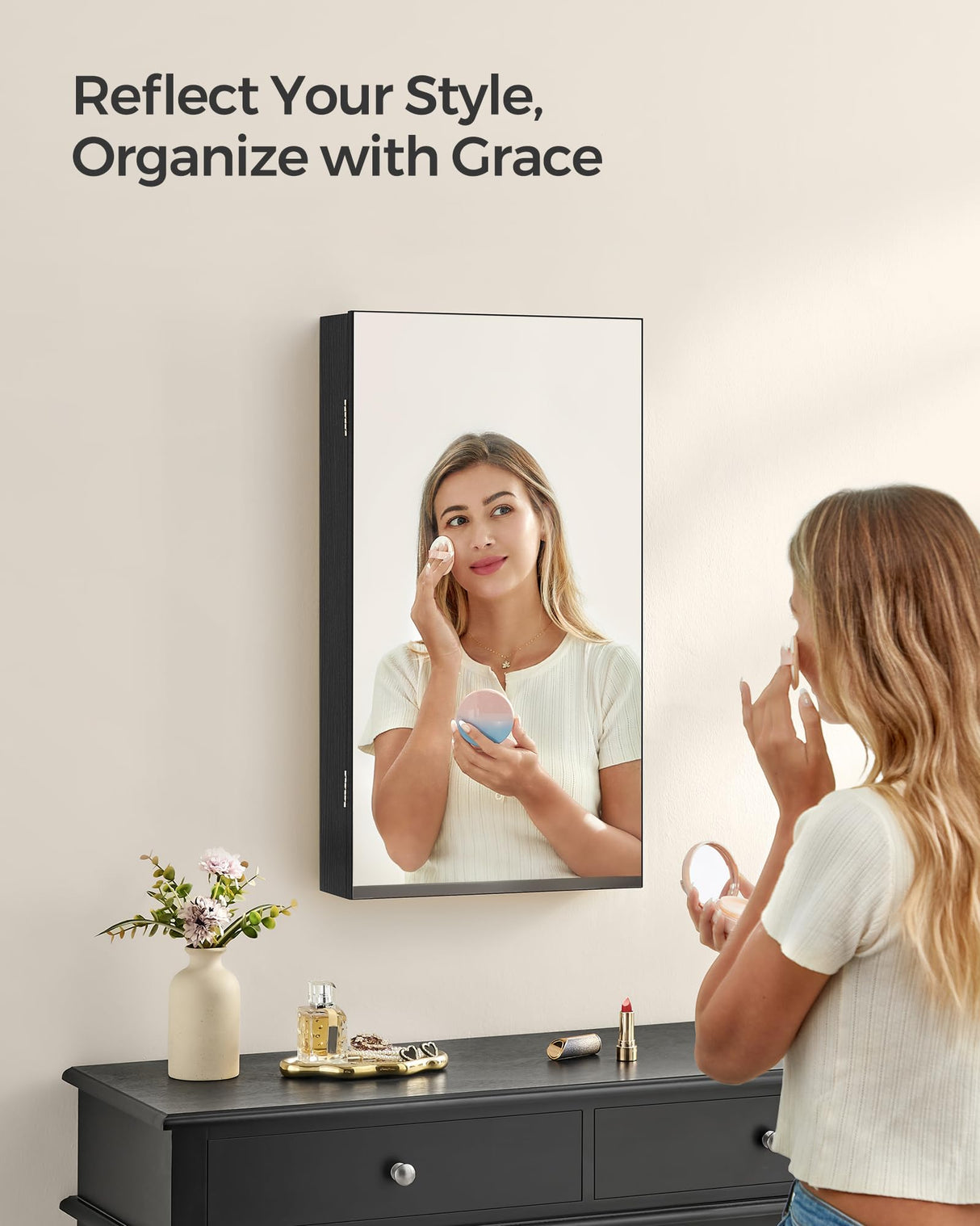 SONGMICS Mirror Jewelry Cabinet Armoire with Built-in LED Lights, Wall or Door Mounted Jewelry Storage Organizer, 3.8 x 14.6 x 26.4 Inches Hanging Mirror Cabinet, Gift Idea, Black UJJC050B01 SONGMICS