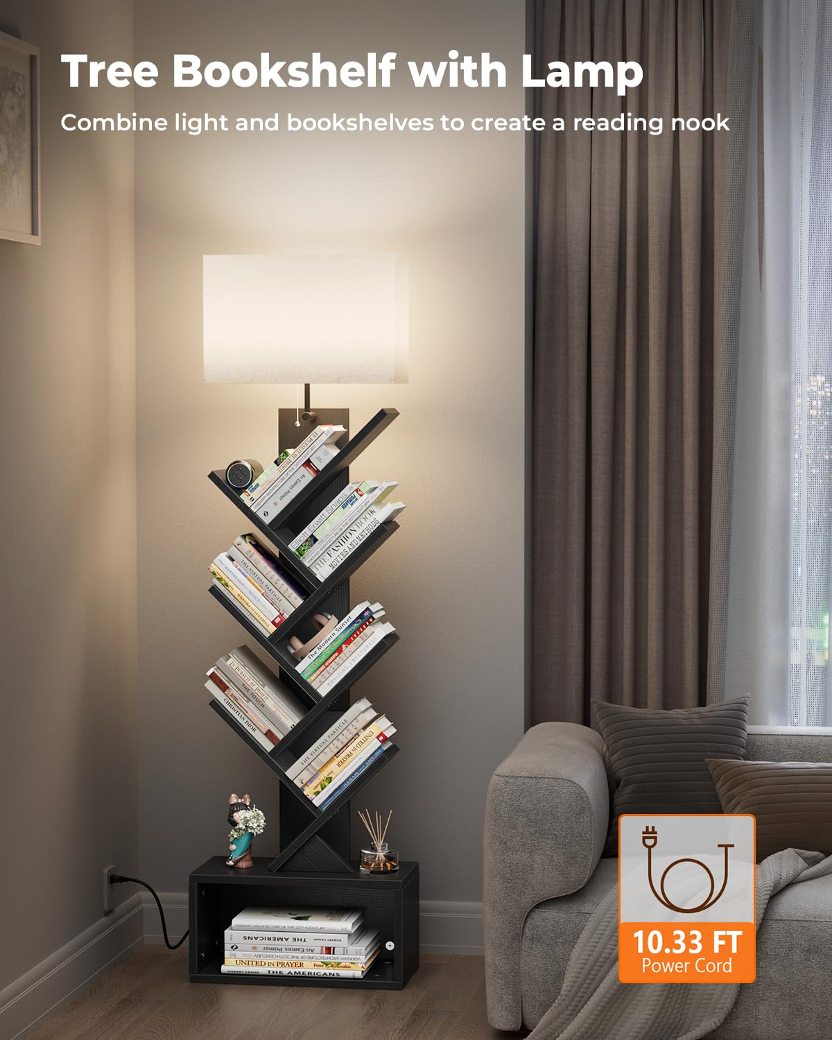 Evermagin 6 Tier Tree Bookshelf with Light, Small Bookcase Tower for Books/CDs/Movies, Sturdy Tall Floor Standing Book Organizer with Storage Cabinet for Living Room, Bedroom and Home Office (Black) Evermagin