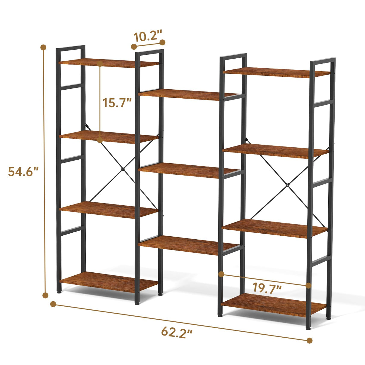 Zhitians Triple 4 Tier Bookshelf, Tall Book Shelf with 11 Open Display Shelves, Adjustable Industrial Bookcase in Living Room, Bedroom, Wide Metal Bookshelf Book Case for Home & Office, Rustic Brown Zhitians
