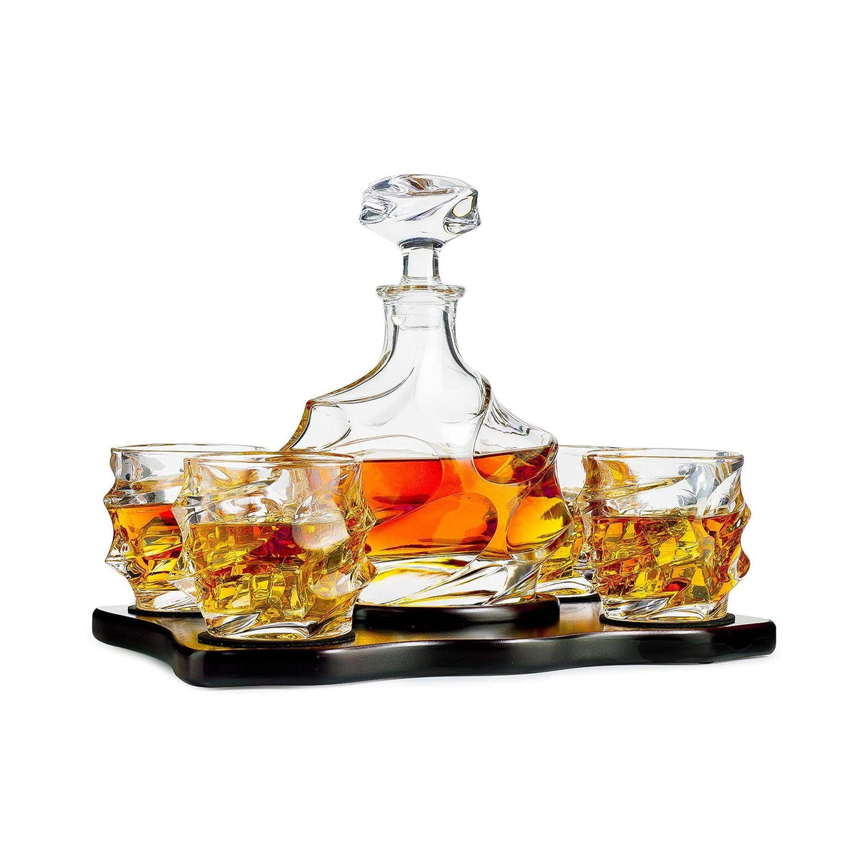 Glacier Mountain Whiskey Glasses and Liquor Decanter set | 4 Crystal Bourbon Glasses with Matching Whiskey Decanter on beautiful wood tray | Ideal Bourbon Gifts for Women & Men, Whiskey Decanter Sets The Wine Savant