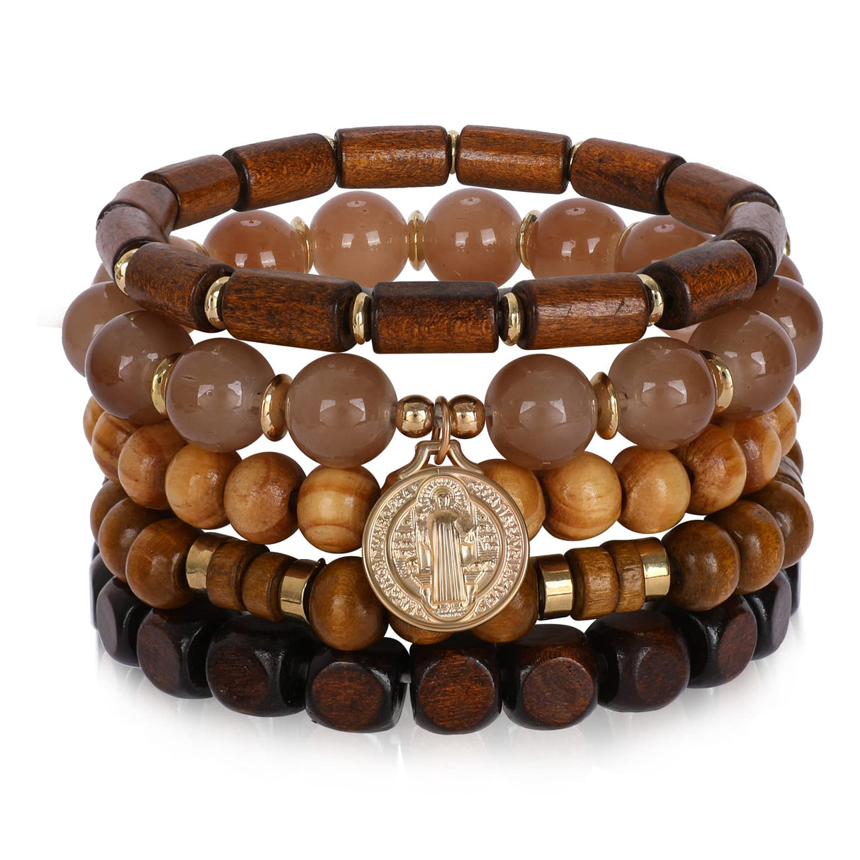 Bohemian Wood Beaded Bracelets for Women Natural Stone Boho Stretch Wooden Bracelet Set Religious Charm Multilayered Bead Strand Elastic Stackable Bracelets Handmade Jewelry Gifts for Men and Women IDEAJOY