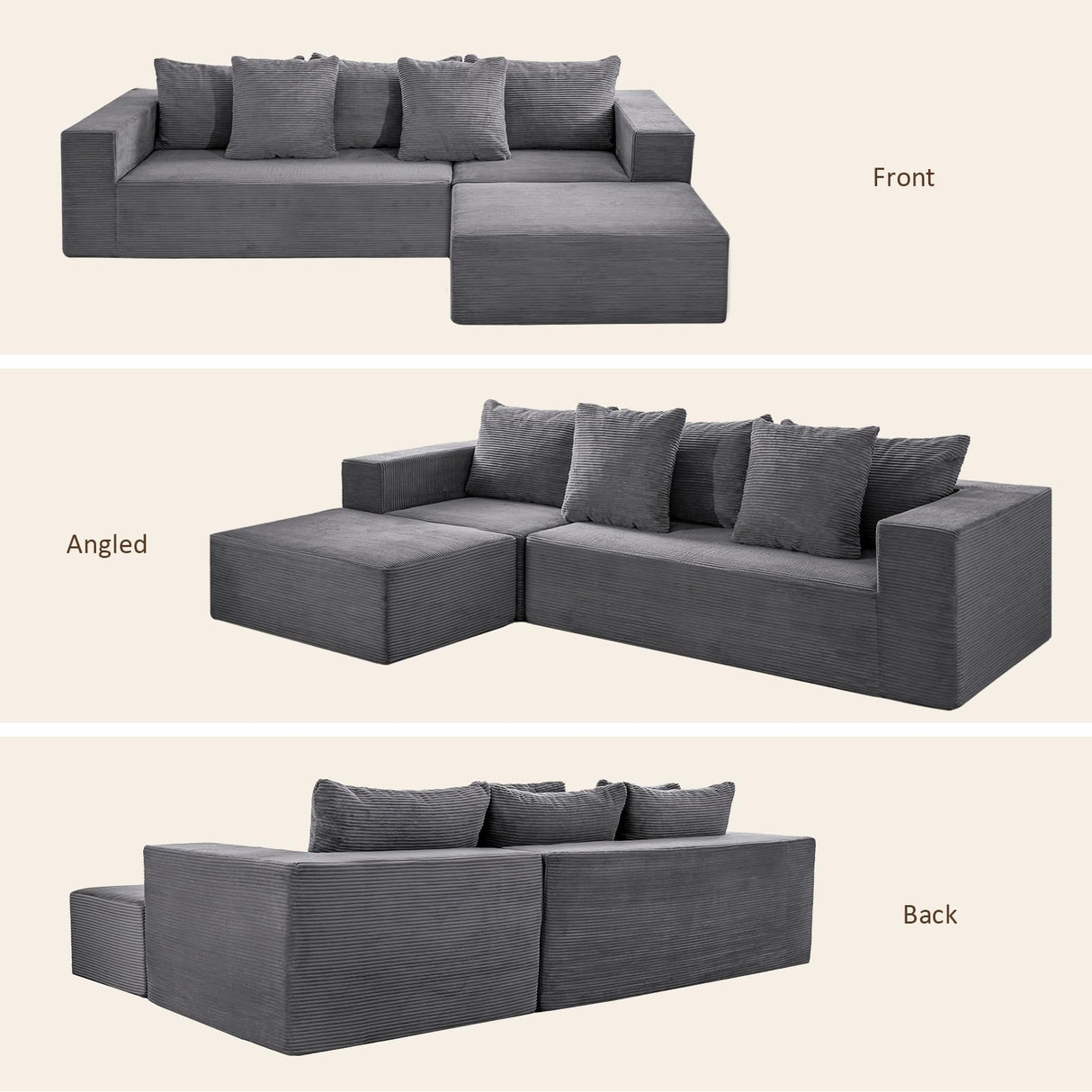 INGEROOM 108" Cloud Sectional Couch with L-Shape Chaise, Modular Sofa Memory Foam, Boneless Sofa with Movable Ottoman, Upholstered Couches for Living Room Bedroom, No Assembly Required, Dark Gray INGEROOM