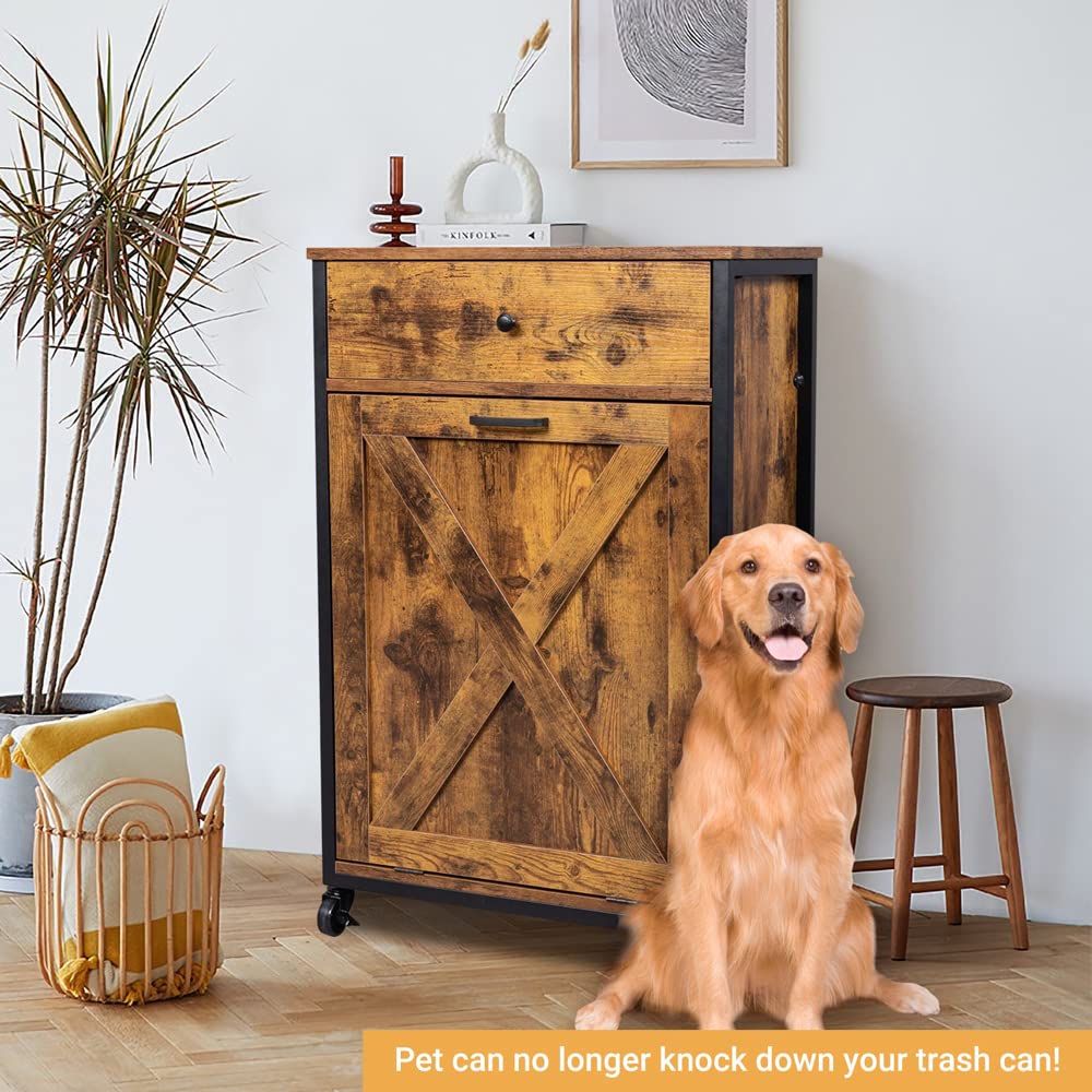 VINGLI Tilt Out Trash Cabinet, Wood Hidden Trash Can Kitchen Cabinet with Drawer, 10 Gallon Movable/Freestanding Pet Proof Storage Organizer, Laundry Basket Living Room Storage, Rustic Brown VINGLI