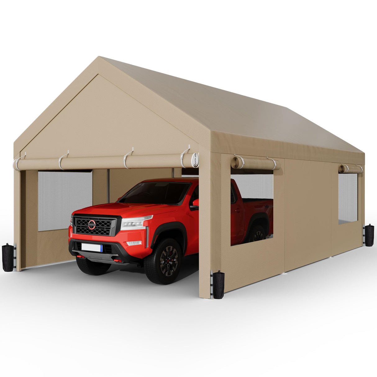Shintenchi Carport 12' x 20' Heavy Duty Portable Garage, Car Port Canopy with Side-Opening Removable Door & Roll-Up Windows, Car Canopy for Truck,Car,Boat,Motorcycle,Khaki Shintenchi