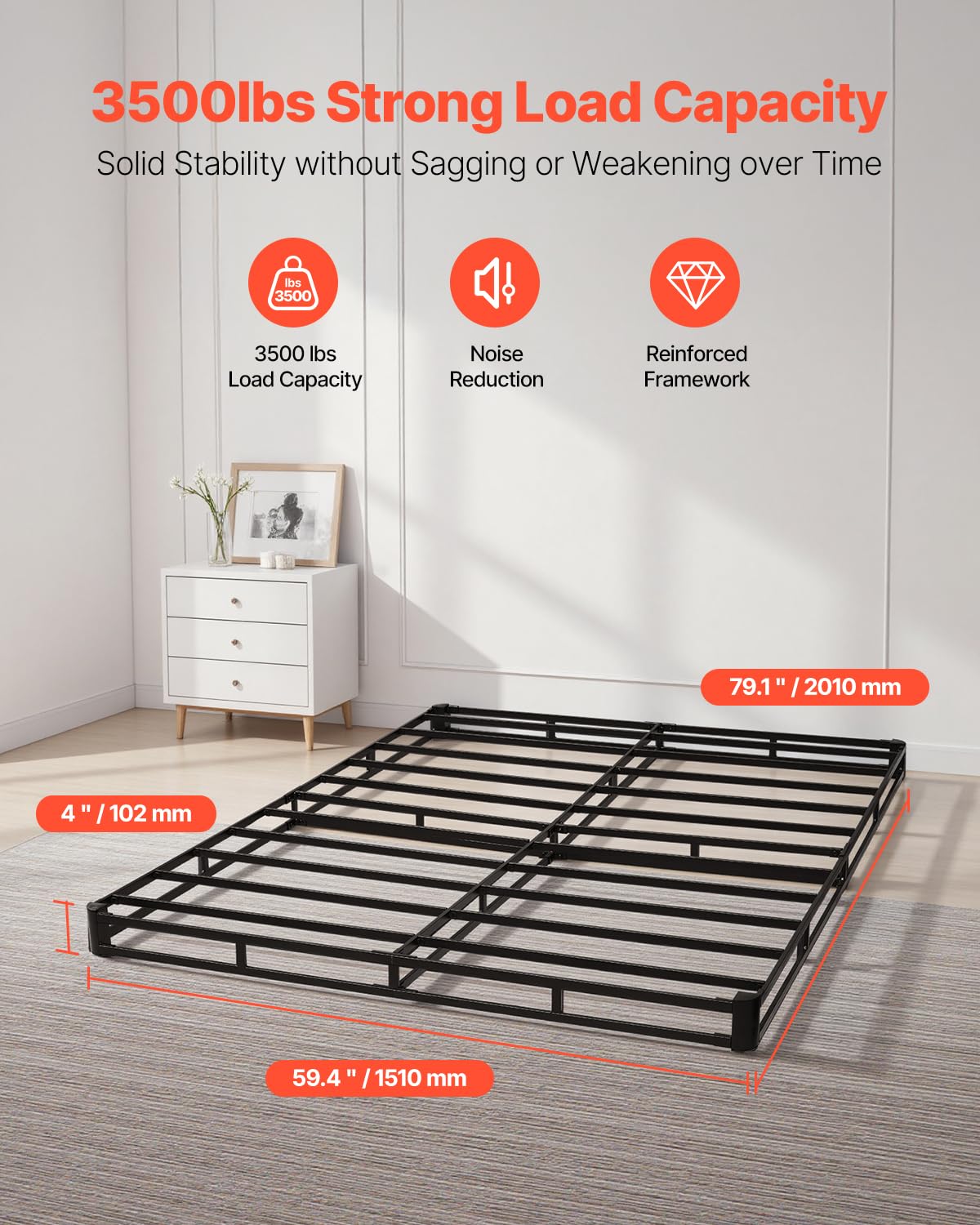 VEVOR Box Spring, Queen Size Bed Frame with Washable Fabric Cloth, Heavy Duty Metal Frame for Queen Bed, 4 in Mattress Foundation, 3500 lbs Max Weight Capacity, Easy Assembly, 79.1 L x 59.4 W x 4 H in VEVOR